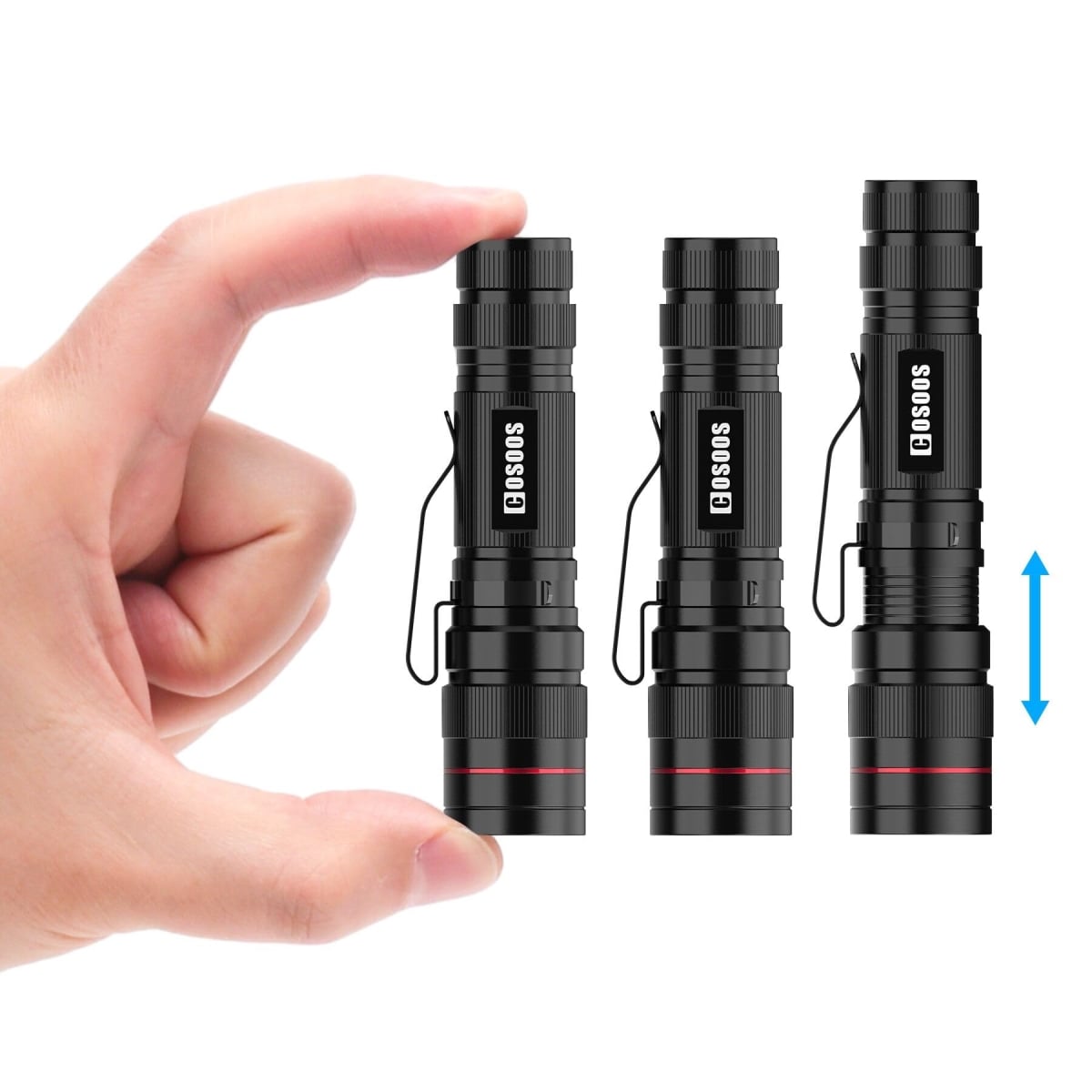 NT85657 COSOOS 3 Mini LED Tactical Flashlights with Clip, Zoomable Bright AA Flashlight, Pocket-Size Penlight, Waterproof