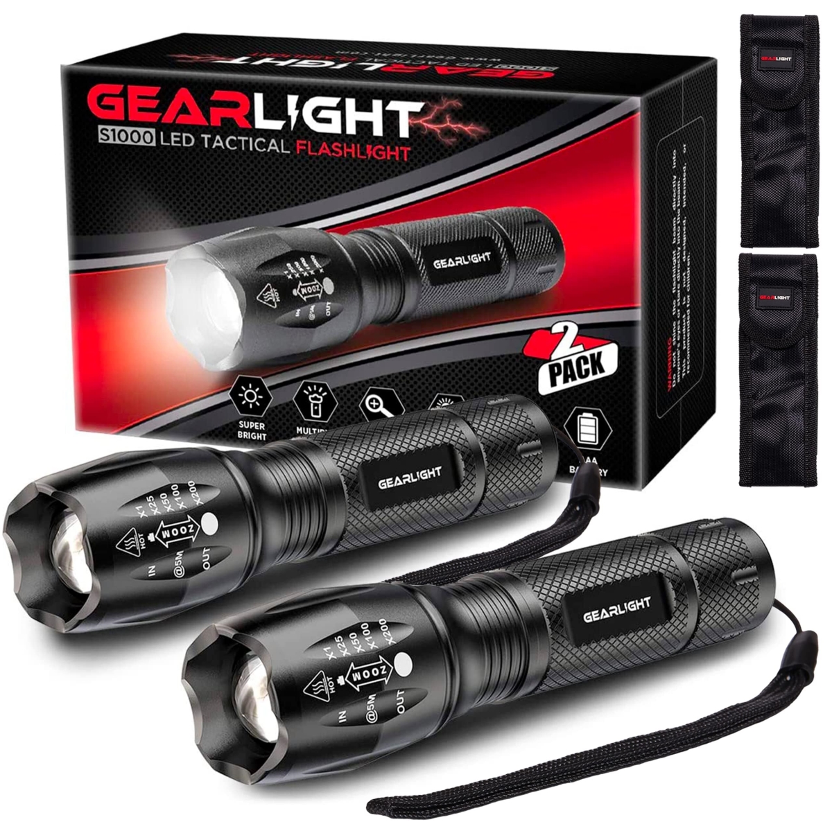 NT85667 GearLight LED Flashlights - Mini Camping Flashlights with High Lumens, 5 Modes, Zoomable Beam - S1000 - Pack of 2
