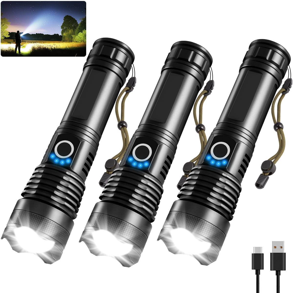 NT86195 Rechargeable High Lumens Flashlights, Super Bright, 5 Modes, Adjustable Tactical, for Emergency Camping Home - Pack of 3