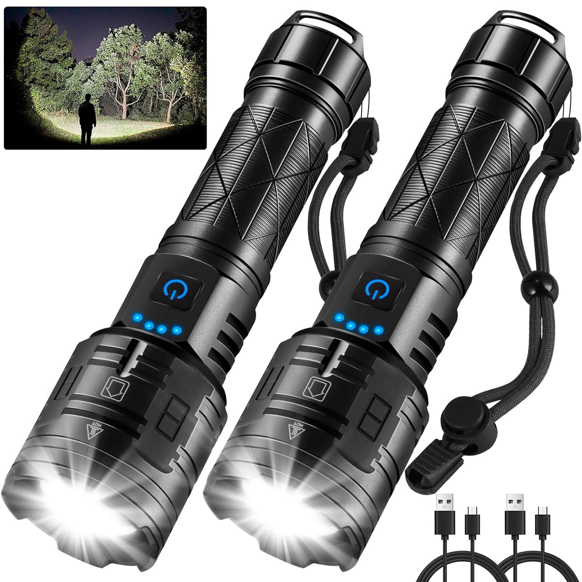 NT86196 IkeeRuic Rechargeable High Lumens Tactical Flashlights, 5 Modes LED, Waterproof for Home, Camping, Hiking - Pack of 2