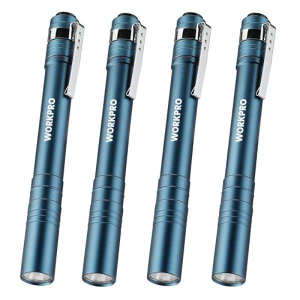 NT86433 WORKPRO LED Pen Light, Aluminum Pocket Flashlights with Clip, Blue - Pack of 2