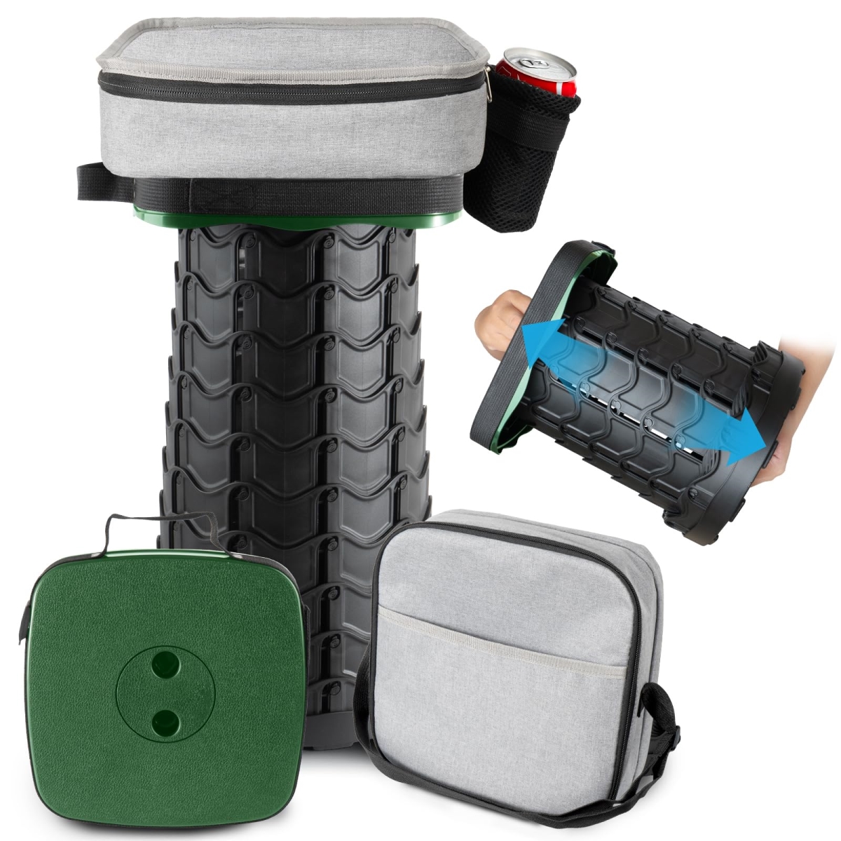 NT86440 Square Collapsible Stool with 3-in-1 Carry Bag, Adjustable, Foldable Cushion & Beverage Holder - Green