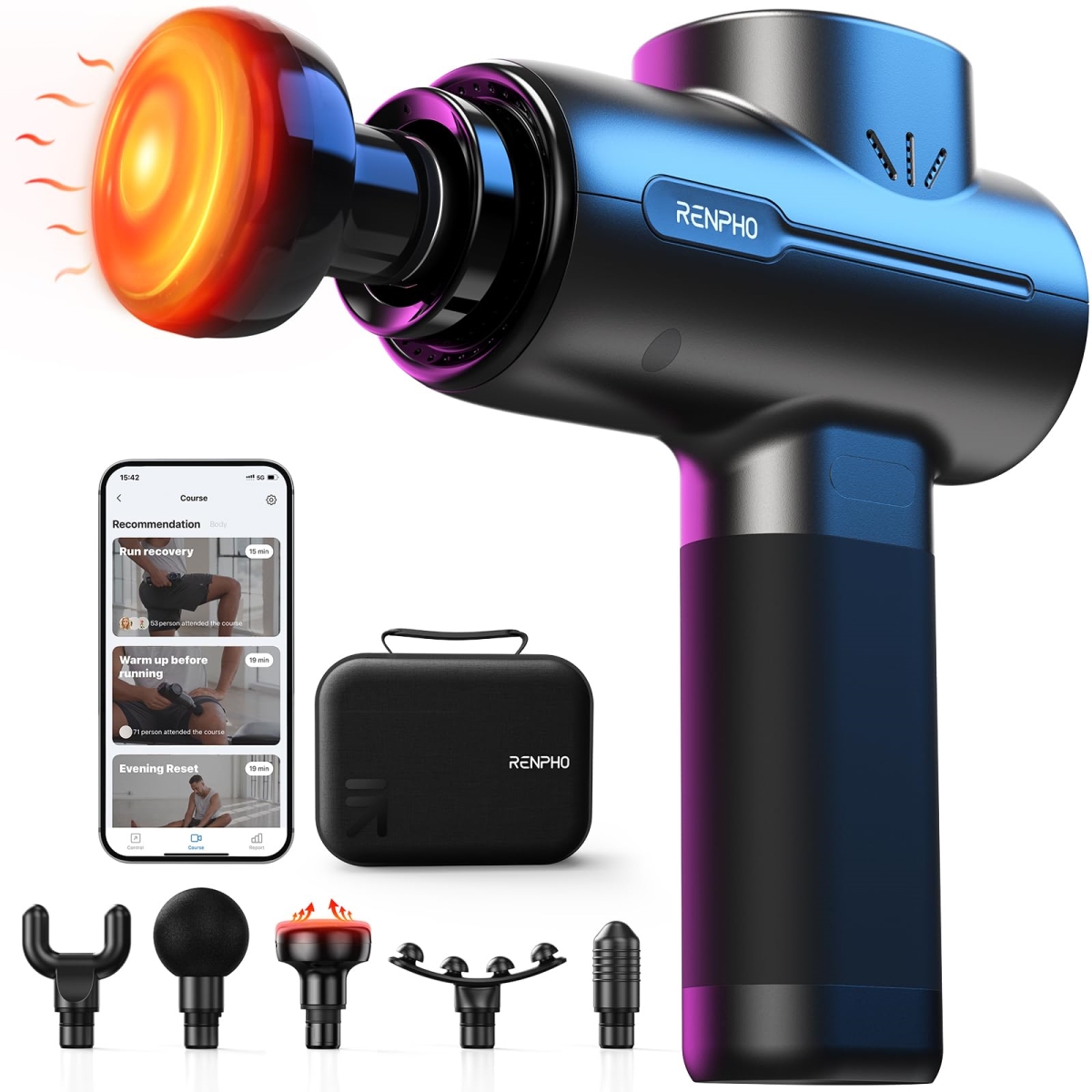 NT86696 RENPHO Massage Gun with Heat, Portable Percussion Massager with Bluetooth for Back & Neck