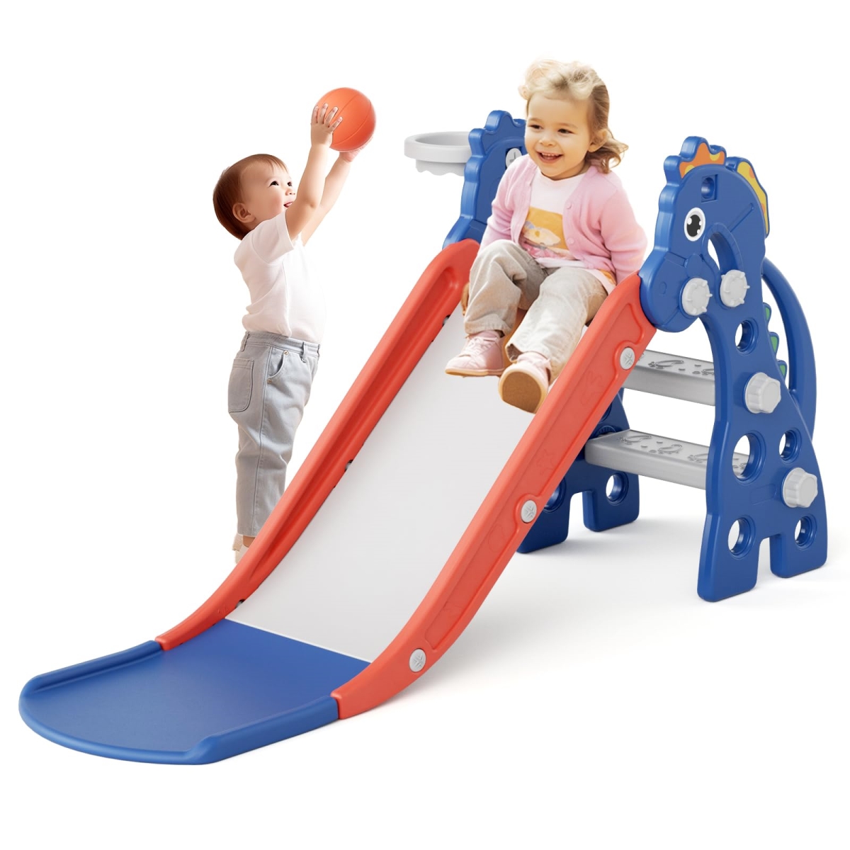 NT86747 67i Toddler Slide with Basketball Hoop, Anti-Slip Steps, 46.8in Baby Climber - Blue