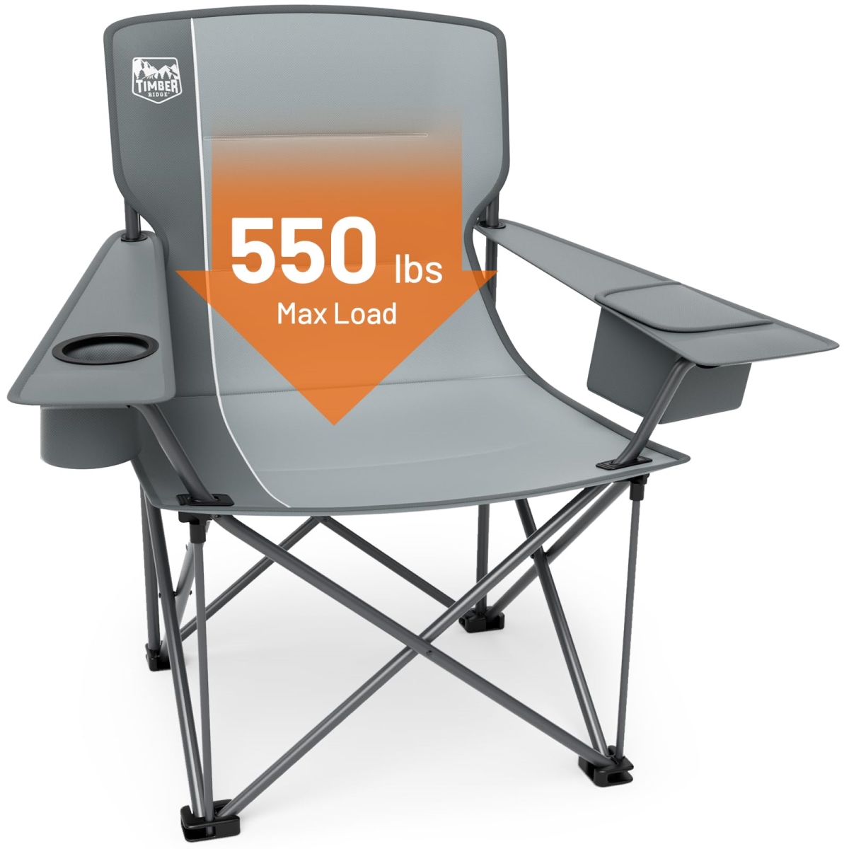 NT86888 TIMBER RIDGE Oversized Folding Camping Chair, Support 550 lbs with Cup Holder & Side Pocket, Gray