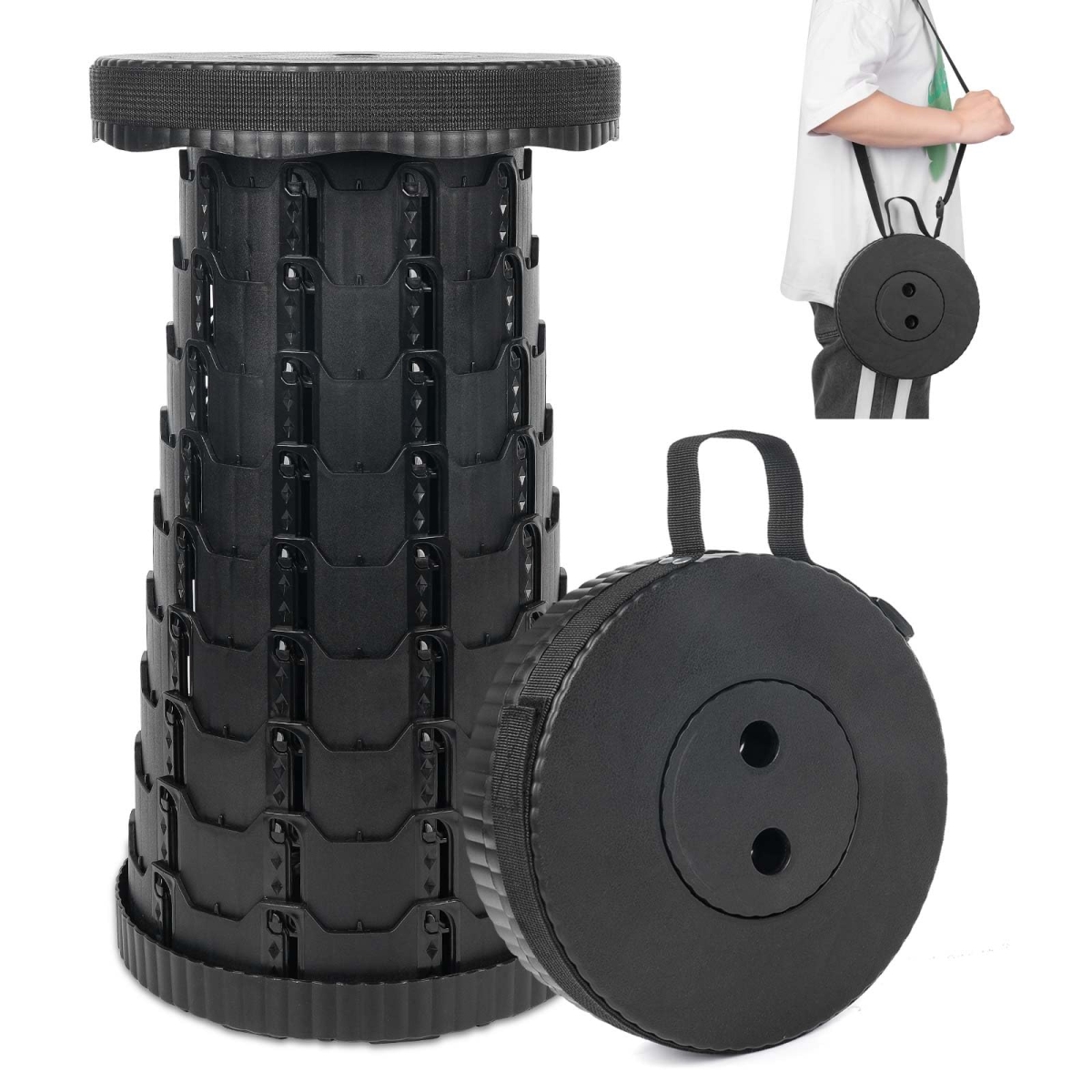 NT87038 Collapsible Telescoping Portable Stool for Adults, Camping, Black