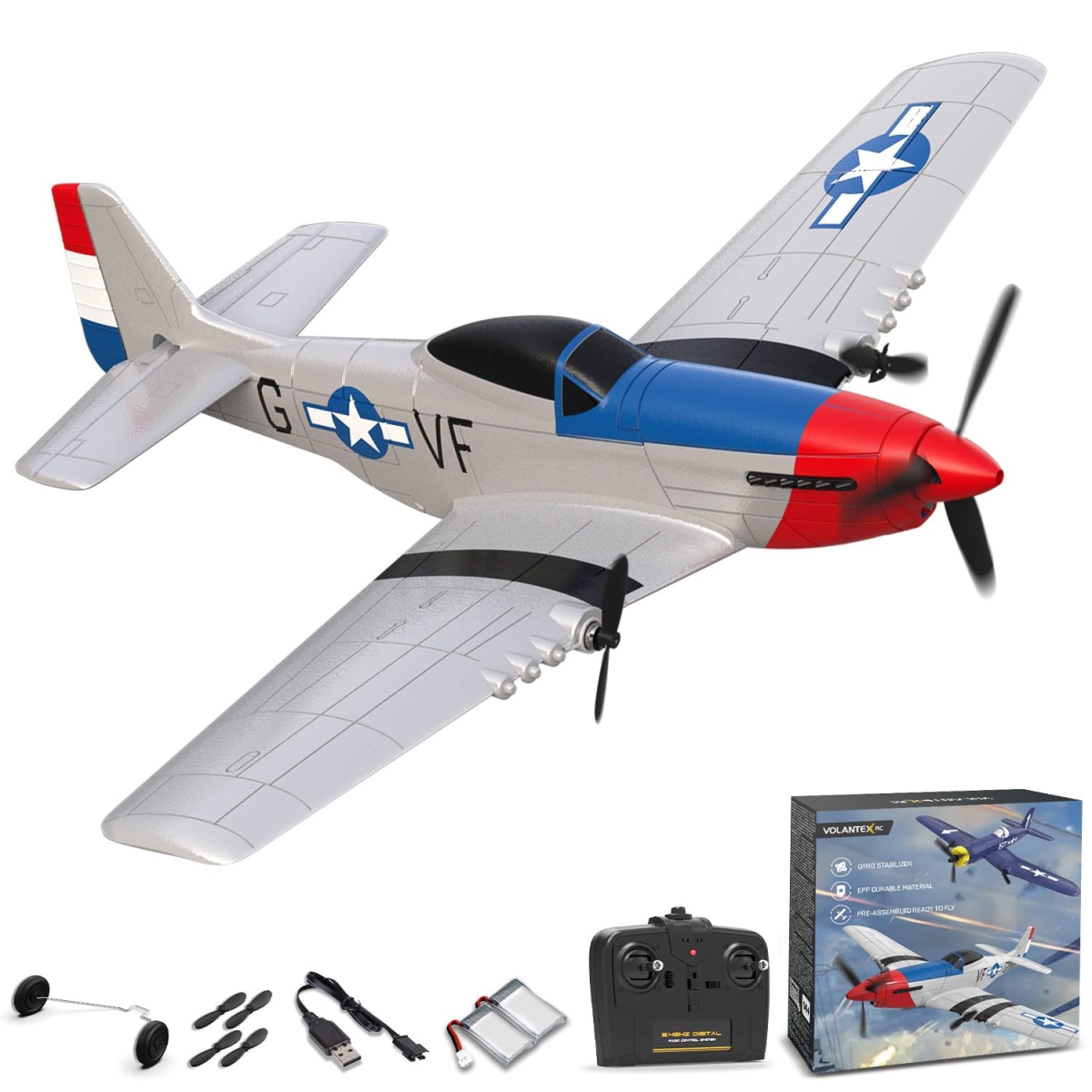 NT87133 VOLANTEXRC Remote Control Plane 3 Channel Remote Control Airplane, Easy to Fly for Adults Kids Beginners - P-51D Mustang