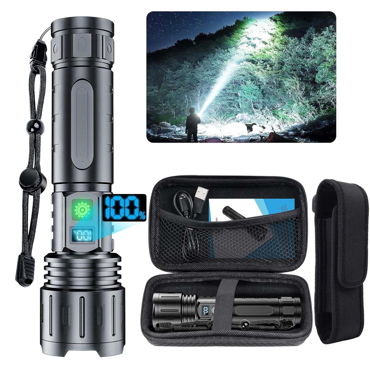 NT87460 Flashlights 2000 High Lumens Rechargeable LED Flash Light with Power Display & IPX5-Waterproof