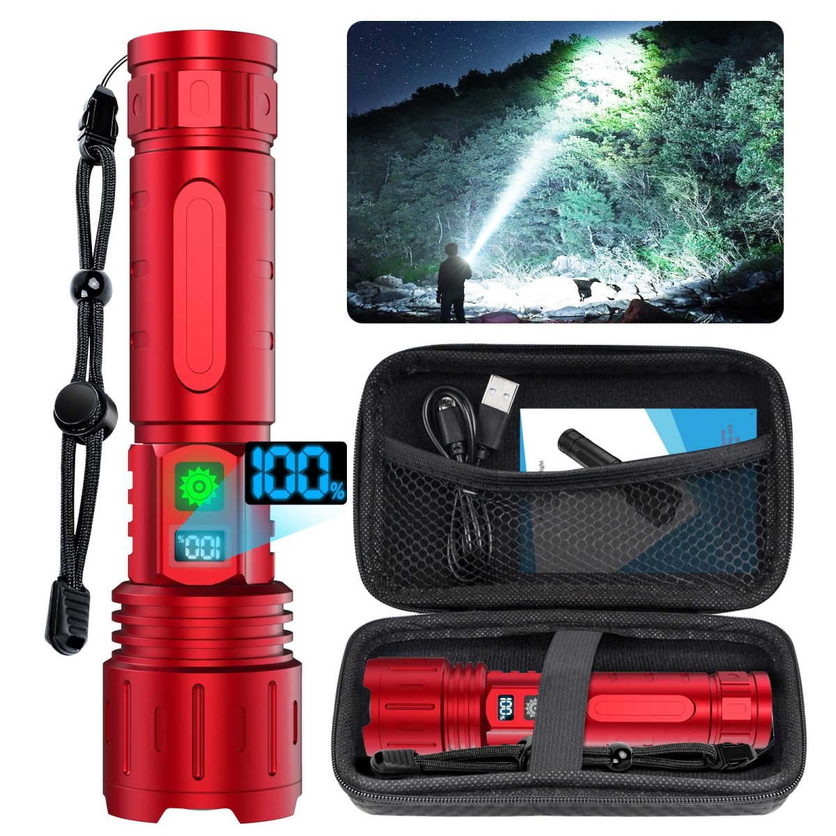 NT87464 Flashlights High Lumens Rechargeable LED Flashlight with Power Display & IPX5 Waterproof - Red