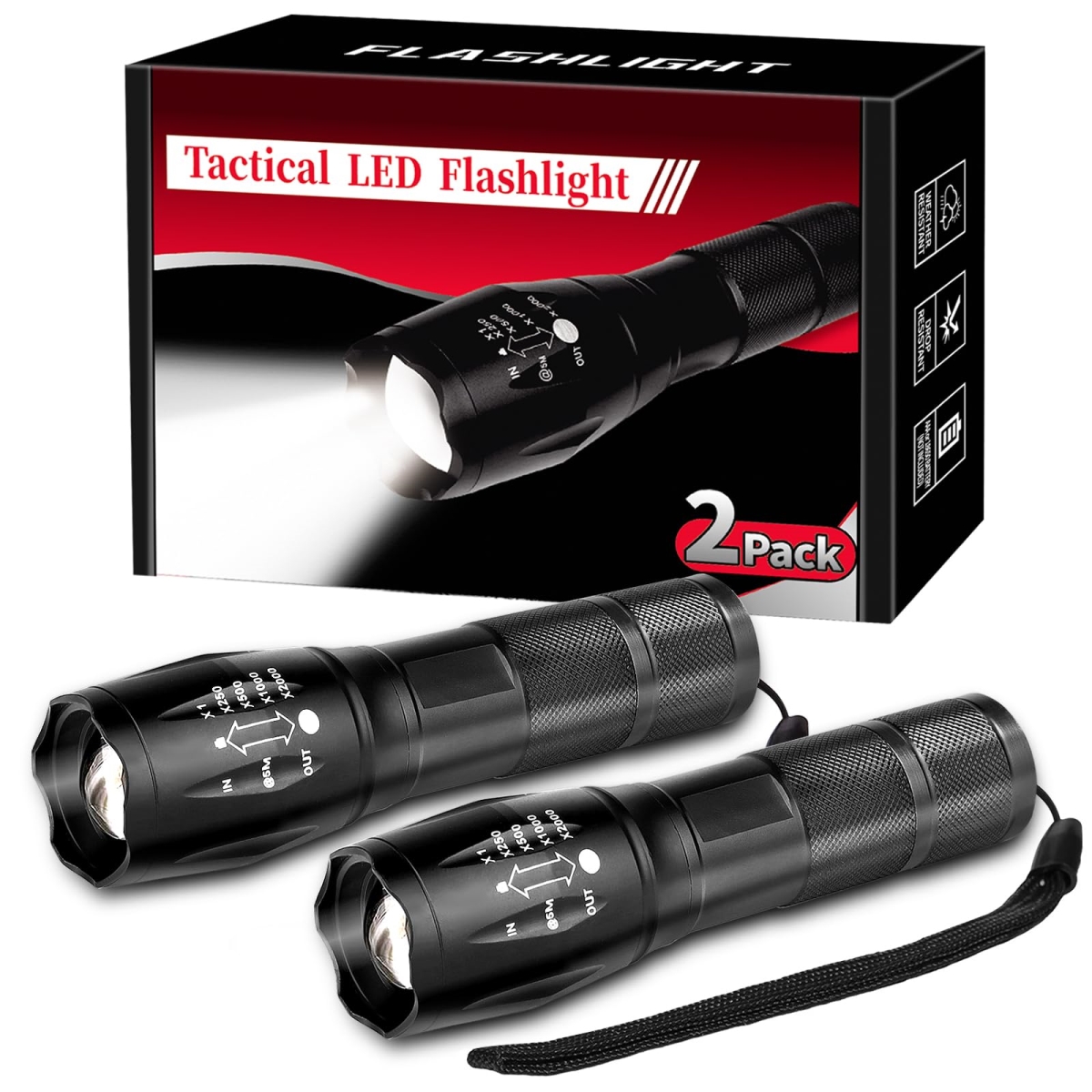 NT87482 LED Flashlights High Lumens, 5 Modes, Waterproof, Zoomable Tactical Flashlights - Pack of 2