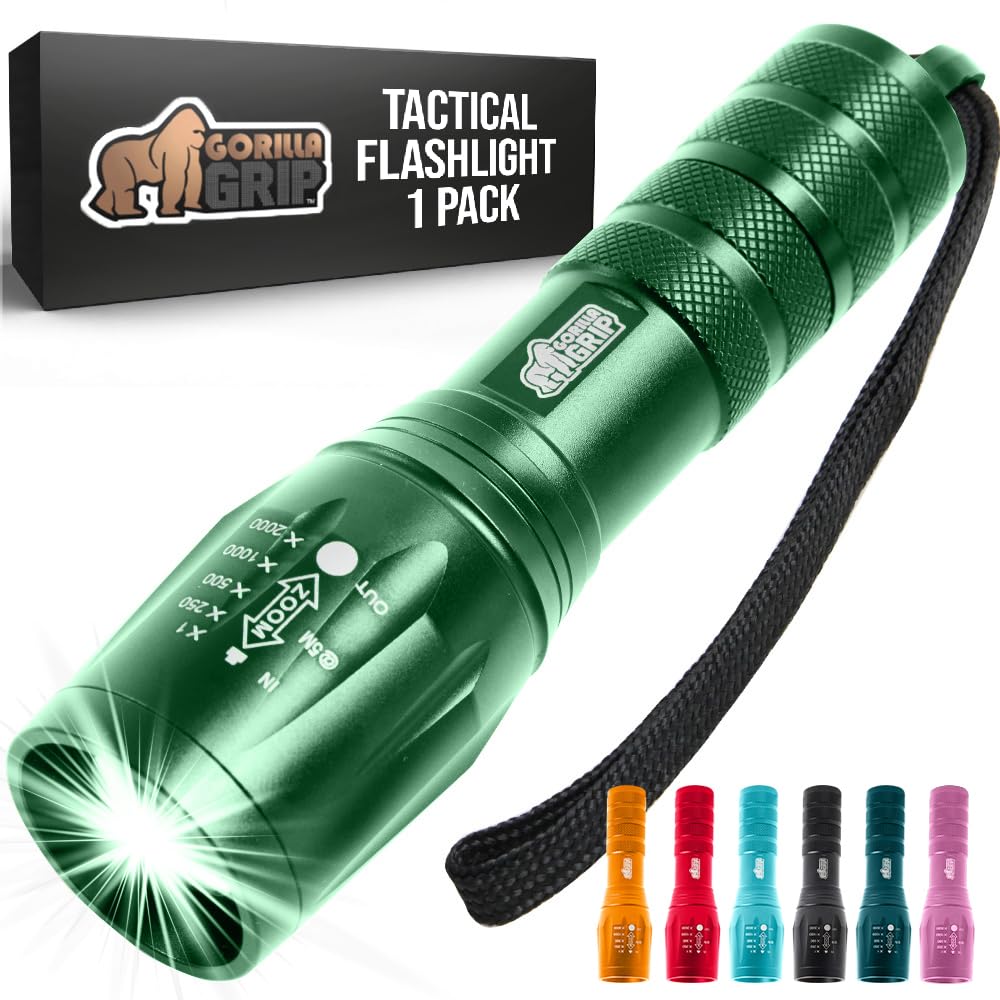 NT87533 GORILLA GRIP LED Tactical Flashlights, 750 ft. High Lumens, 5 Modes, Water Resistant, Ultra Bright, Small Mini - Green