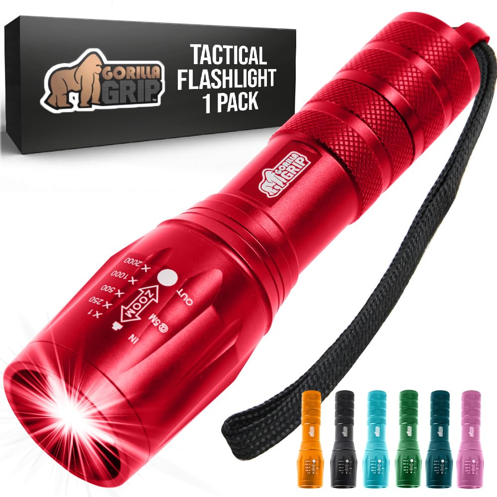 GORILLA GRIP LED Tactical Flashlights, 750 ft. High Lumens, 5 Modes, Water Resistant, Ultra Bright, Mini Flashlights, Red