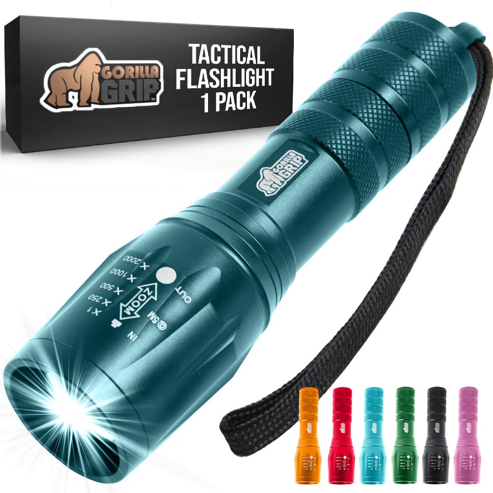 NT87539 GORILLA GRIP LED Tactical Flashlights, 750 ft. High Lumens, 5 Modes, Water Resistant, Ultra Bright, Teal & Blue