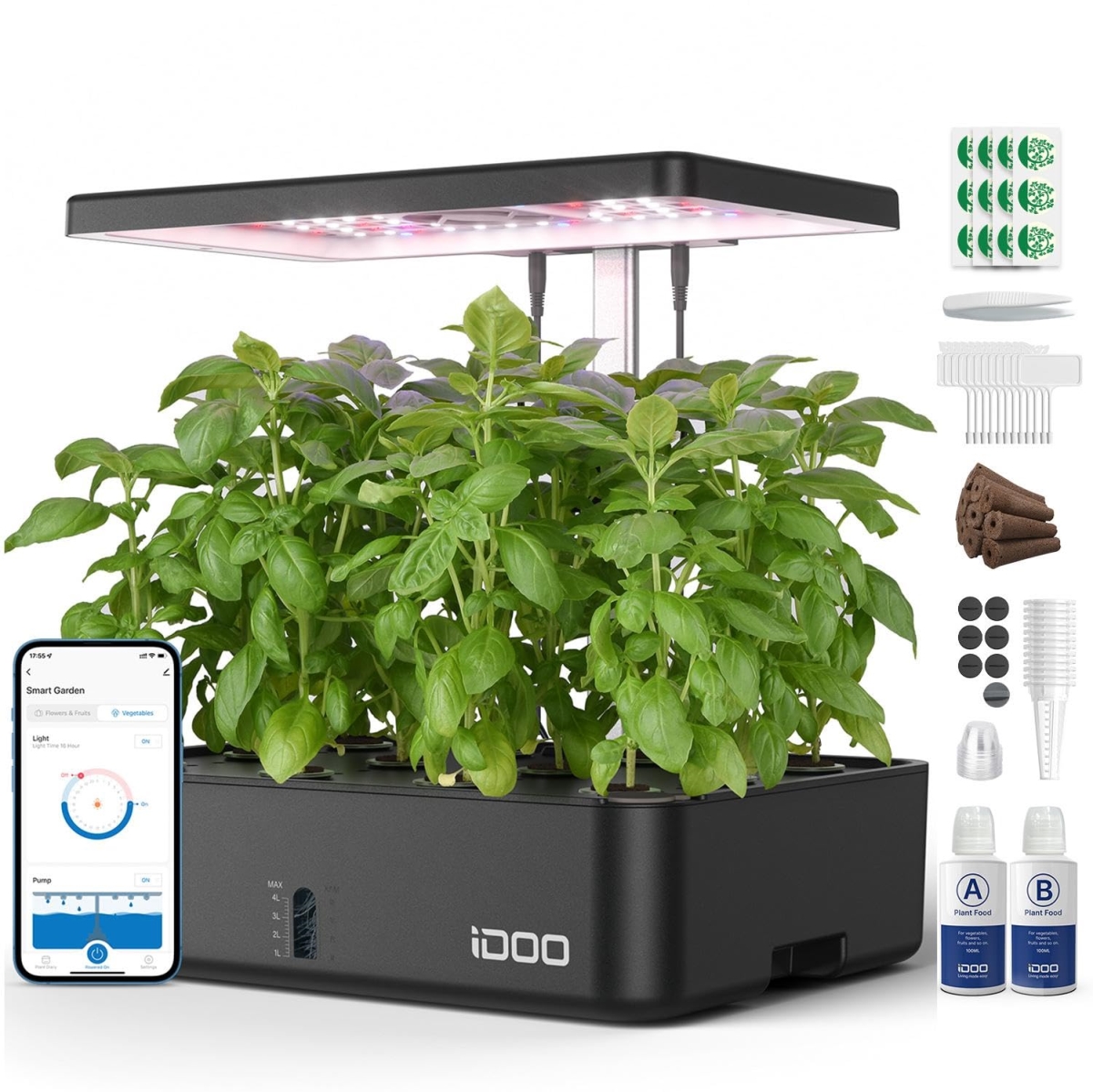 NT87655 iDOO Hydroponics Growing System Kit 12Pods with LED Grow Light & Adjustable Height - Black