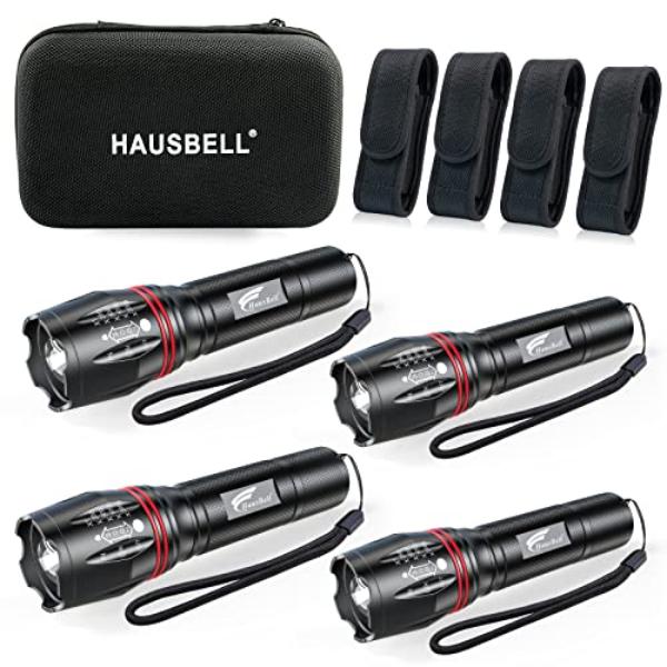 NT87771 HAUSBELL T8 Upgraded Zoomable Tactical LED Flashlights, High Lumens, Five Modes - Pack of 4