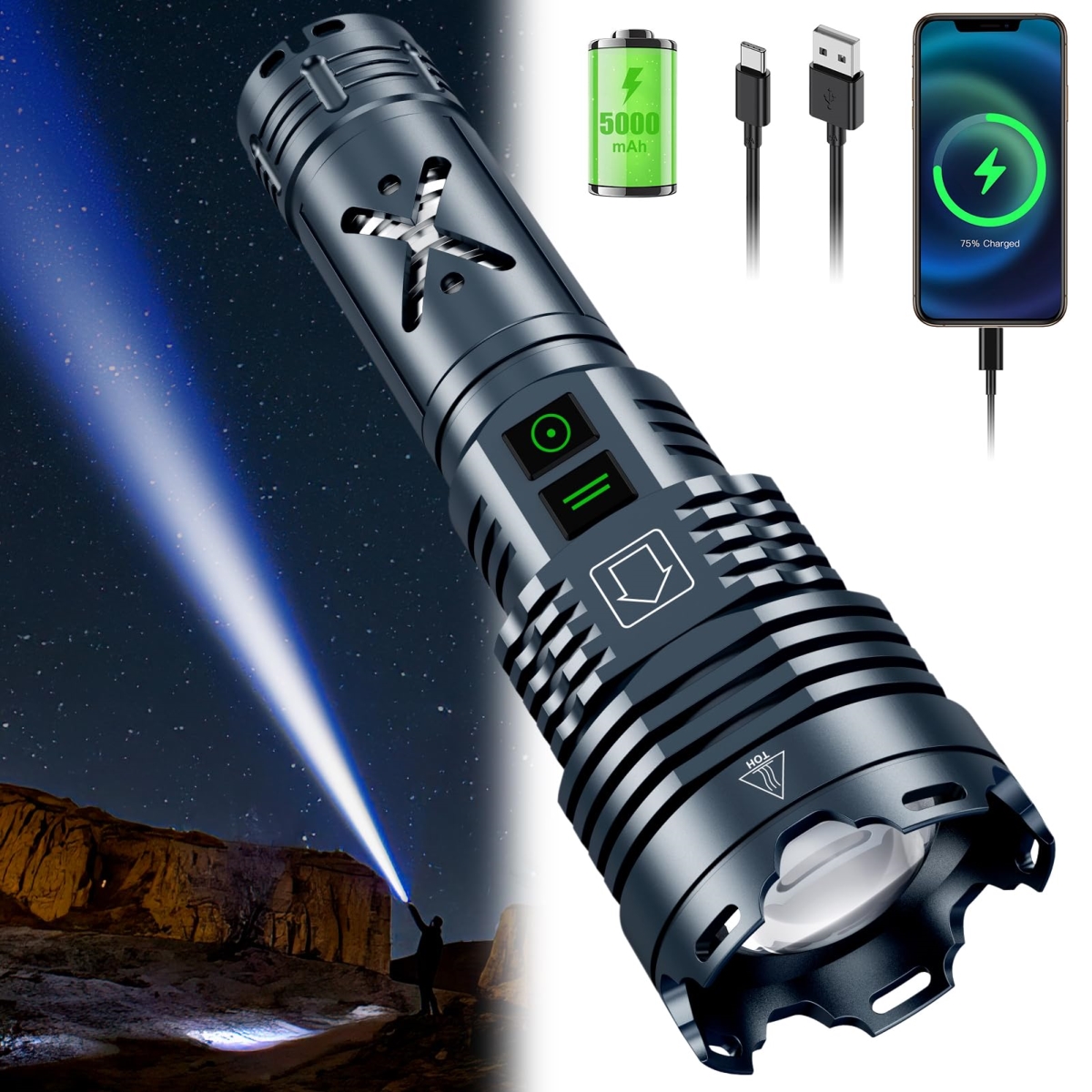 NT88001 Rechargeable LED Flashlights 5200 Lumens, High Powered, Handheld Tactical, Waterproof, 6 Modes, Zoomable