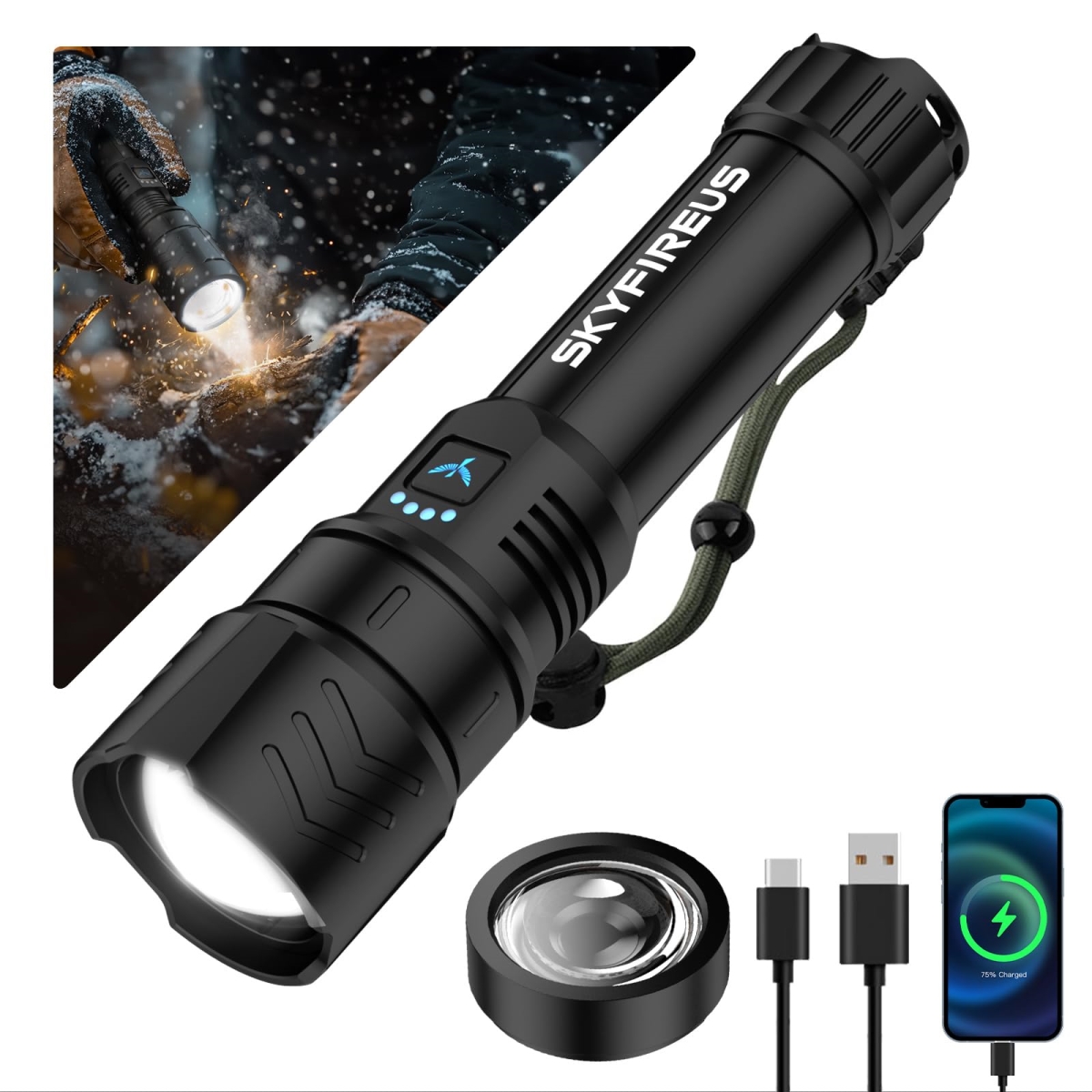 NT88109 SKYFIRE LED Flashlights, 1500, 000lm Super Bright Rechargeable, Zoomable, Waterproof - Black