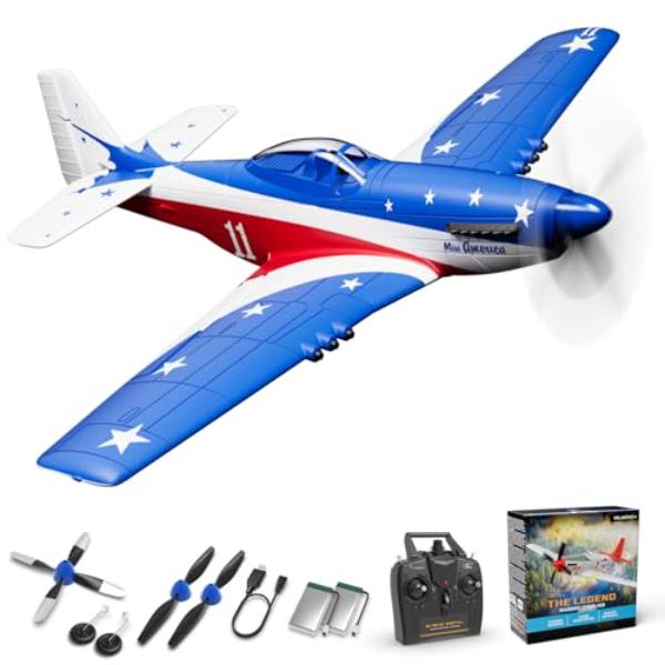 VOLANTEXRC P51d Mustang Remote Control Plane, 4 Channel Remote Control with Gyros, Aileron, Aerobatics, 3 Flight Modes - Multi Color