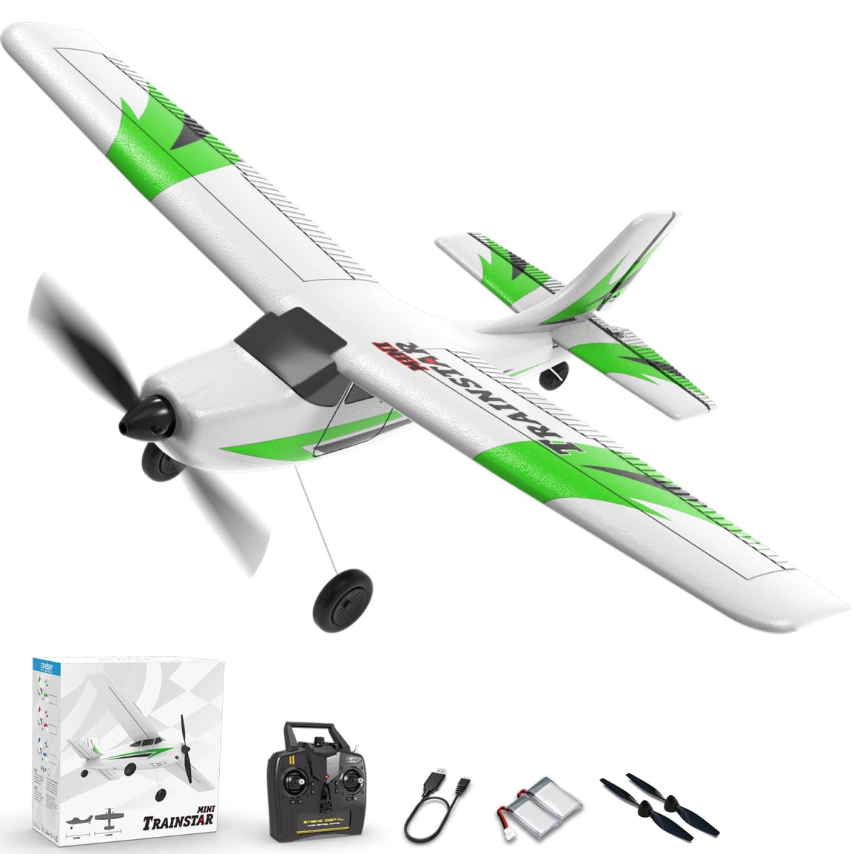 NT83866 400 mm VOLANTEXRC Remote Control Plane Trainer 3 Channel Remote Control Airplane with Prop Saver, 6-Axis Gyro & 3 Modes, RTF - Green