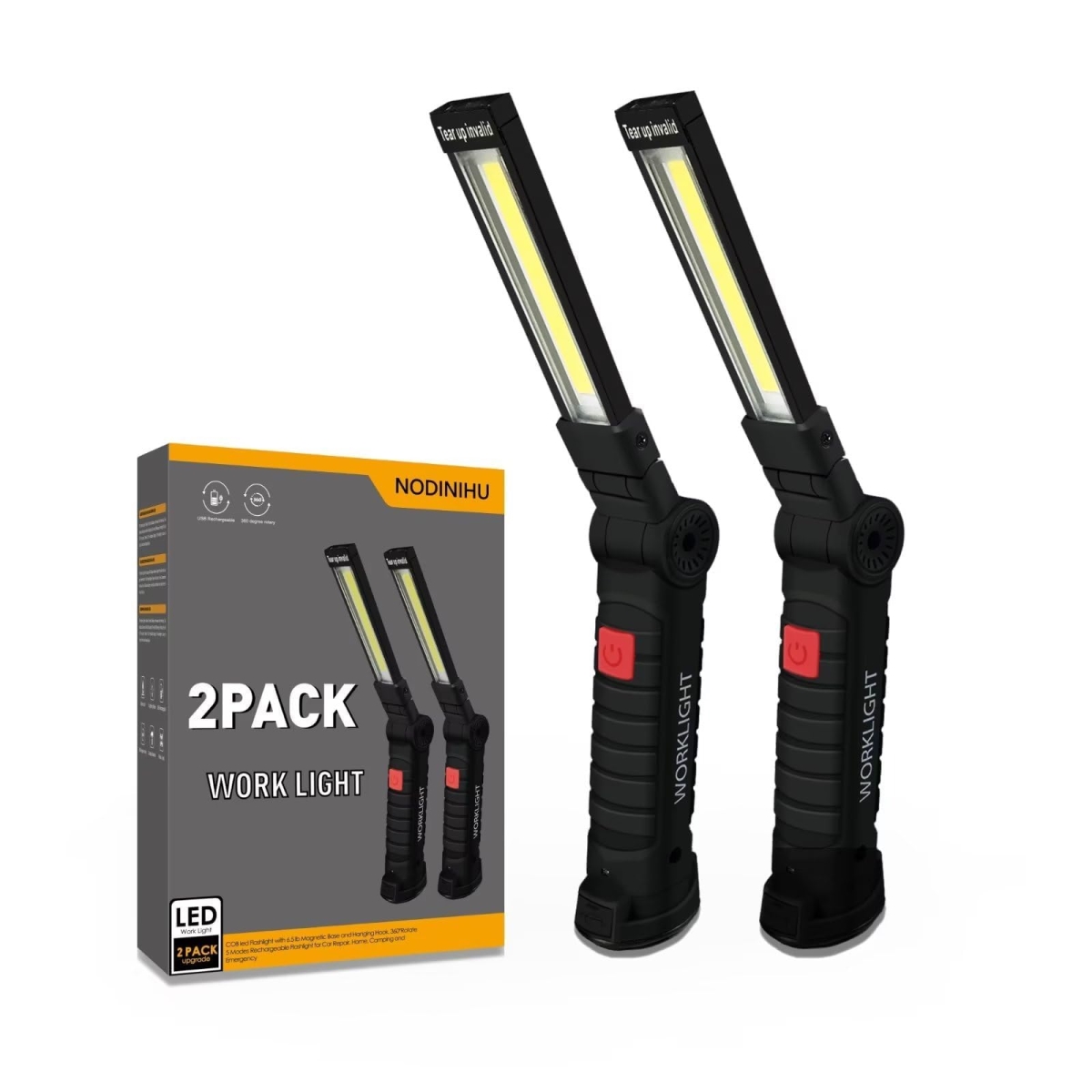 NT83986 Portable Rechargeable Work Lights with Magnetic Base, 360 Deg Rotate, COB LED 800 Lumens, Foldable Inspection Light - Pack of 2