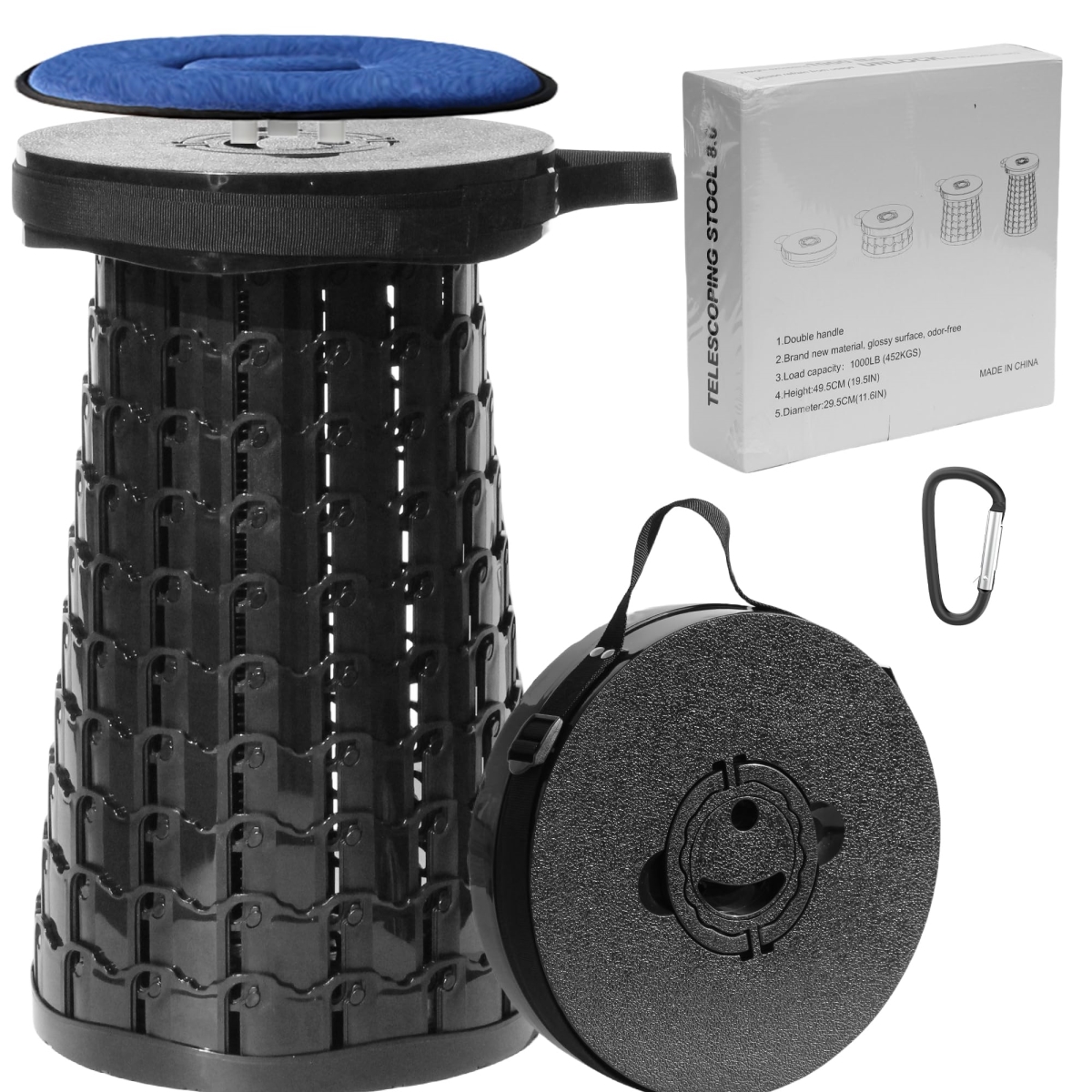 NT84020 ALEVMOOM 2025 XXL Collapsible Stool with Cushion, Adjustable Height, Portable for Camping, Hiking, BBQ, Max Load 1000 lbs