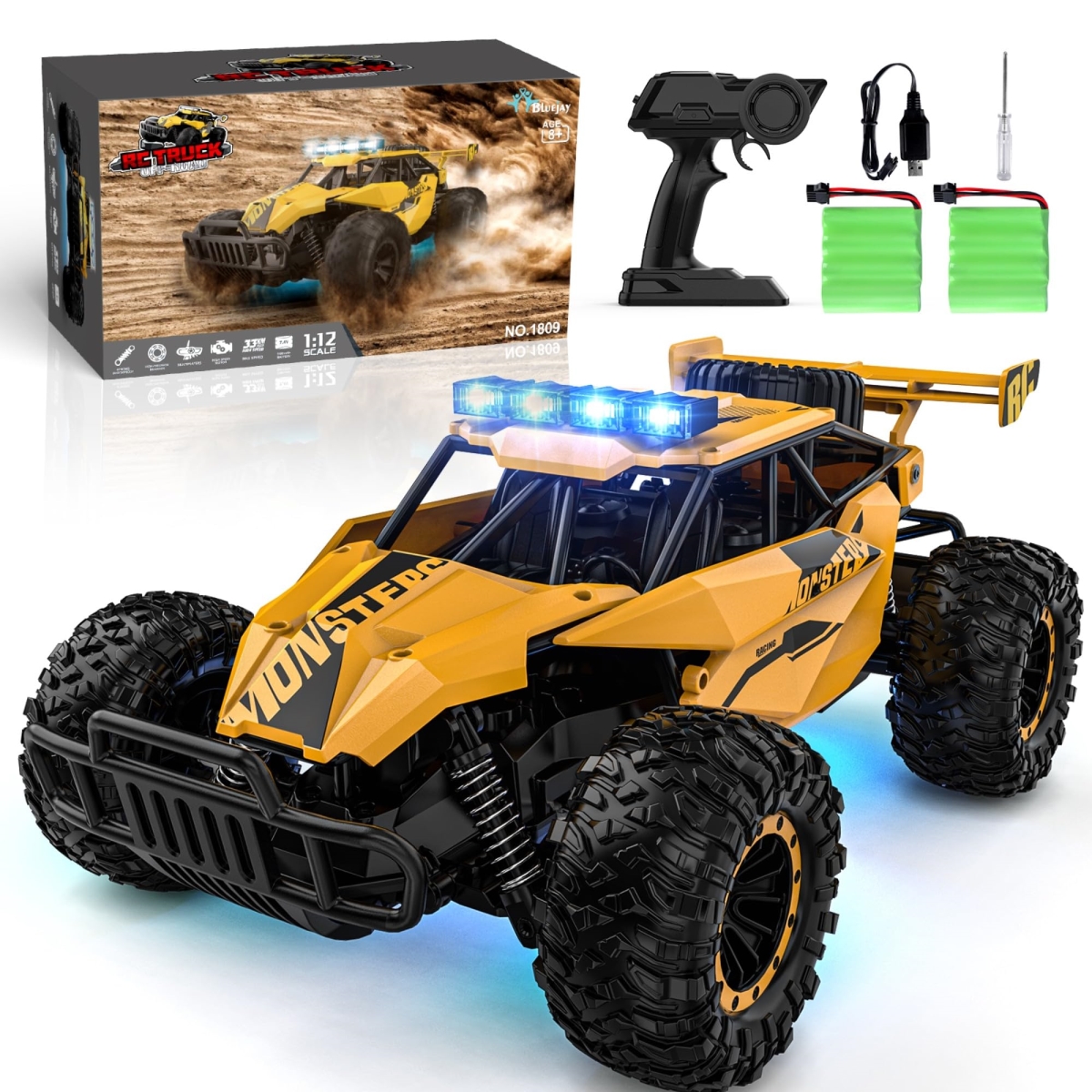NT84136 BLUEJAY Remote Control Car, 1-12 Scale Monster Remote Control Truck Off Road with LED Headlight & Rechargeable Battery