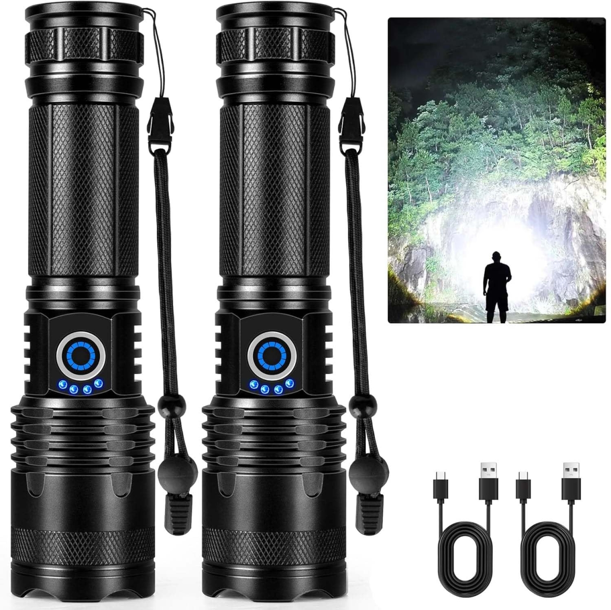 NT84178 Rechargeable LED Flashlights, 90, 000 Lumens, 5 Modes, Waterproof, Multifunctional - Pack of 2