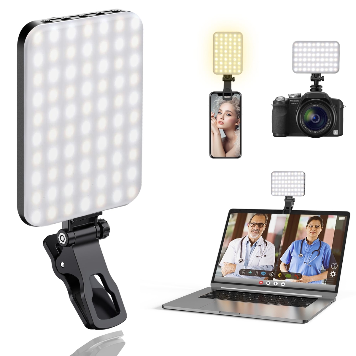 NT84297 60 LED Portable Selfie Light with Clip & Tripod Adapter, Rechargeable 2200 mAh, CRI 97 Plus, 3 Light Modes