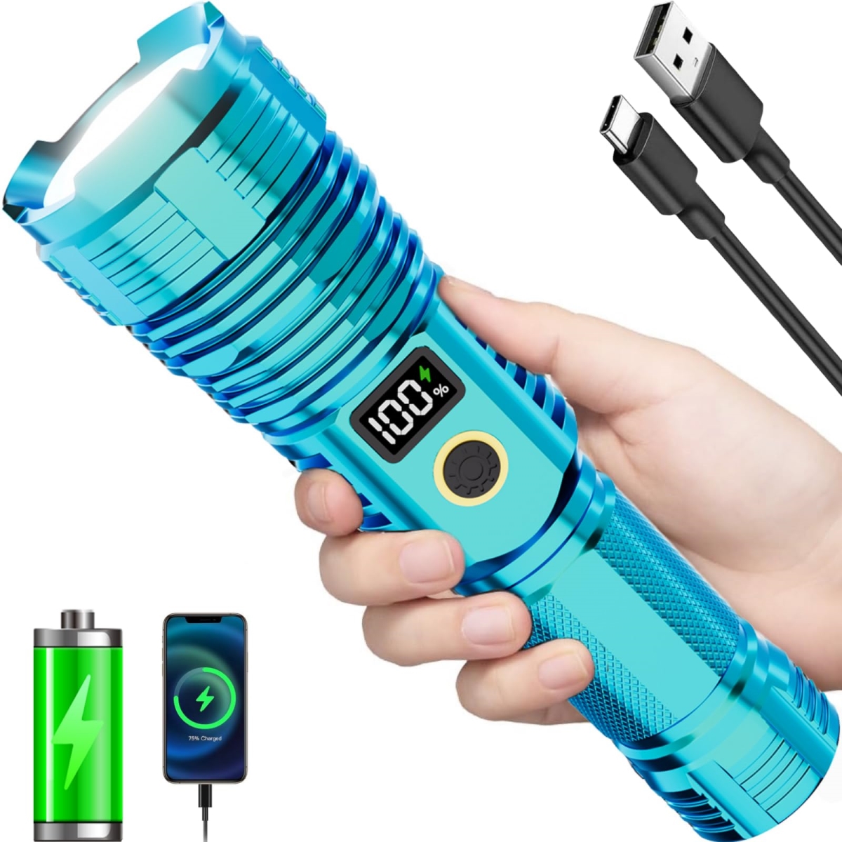 NT84407 Flashlights High Lumens Rechargeable 2000LM LED Super Bright Flashlight with LCD Display, Zoomable, Waterproof