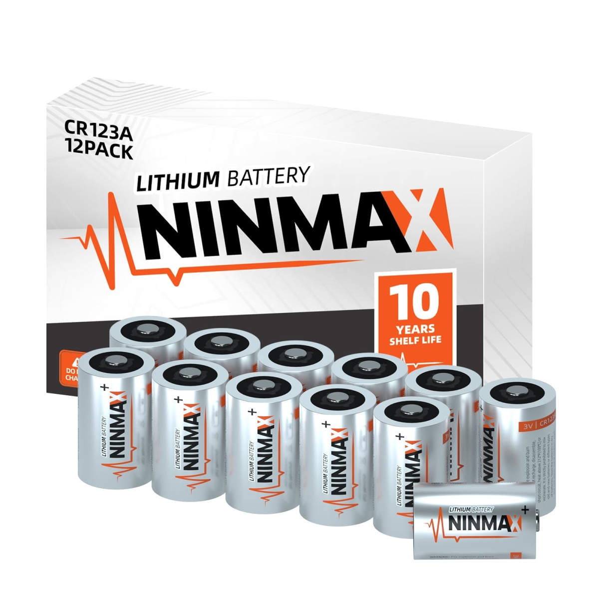NT84522 NINMAX CR123A 3V Lithium Battery, 1700 mAh High Power for Flashlights & Home Security - Pack of 12