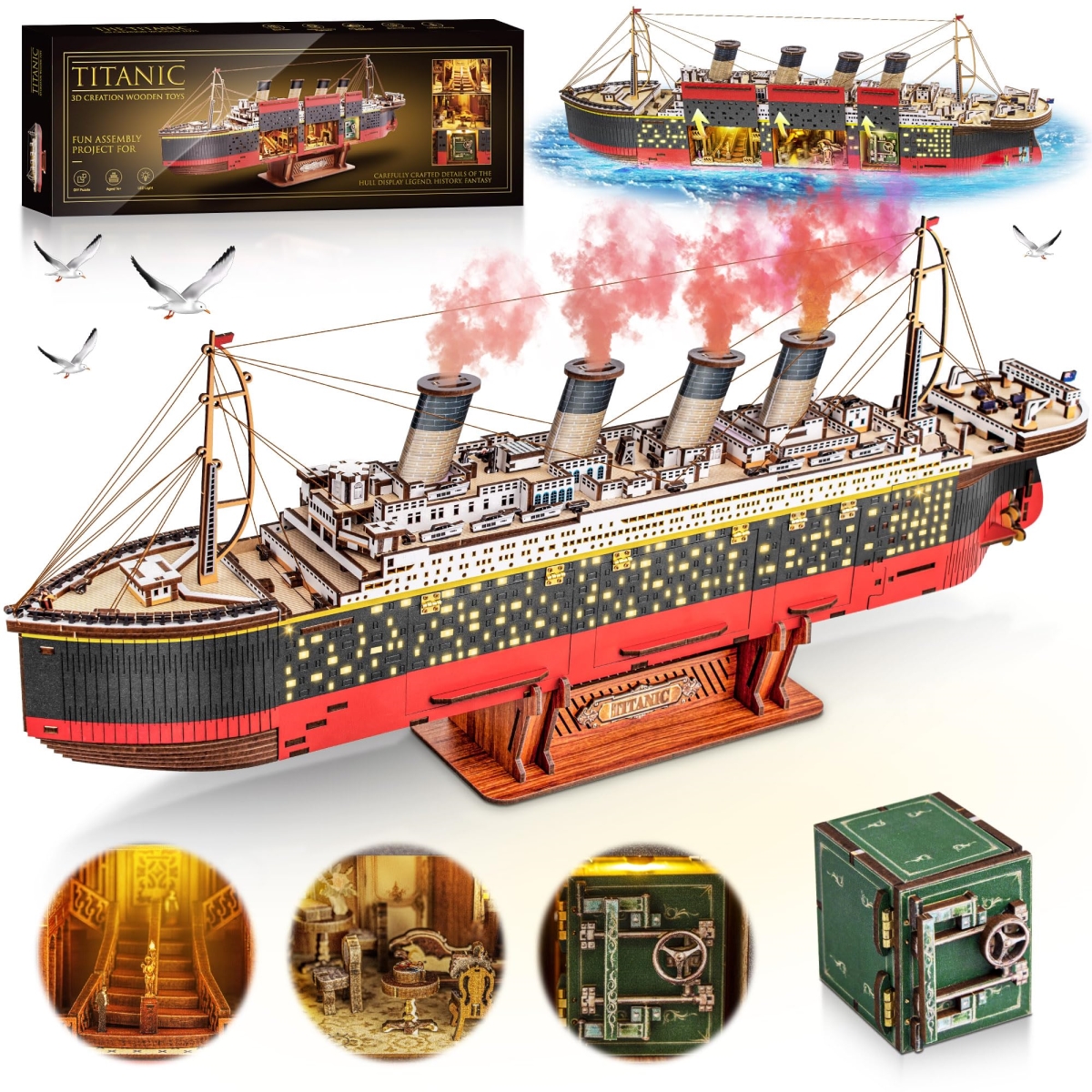 NT84715 Titanic 3D Wooden Puzzle with LED Light, Home Decoration Model Kits for Adults