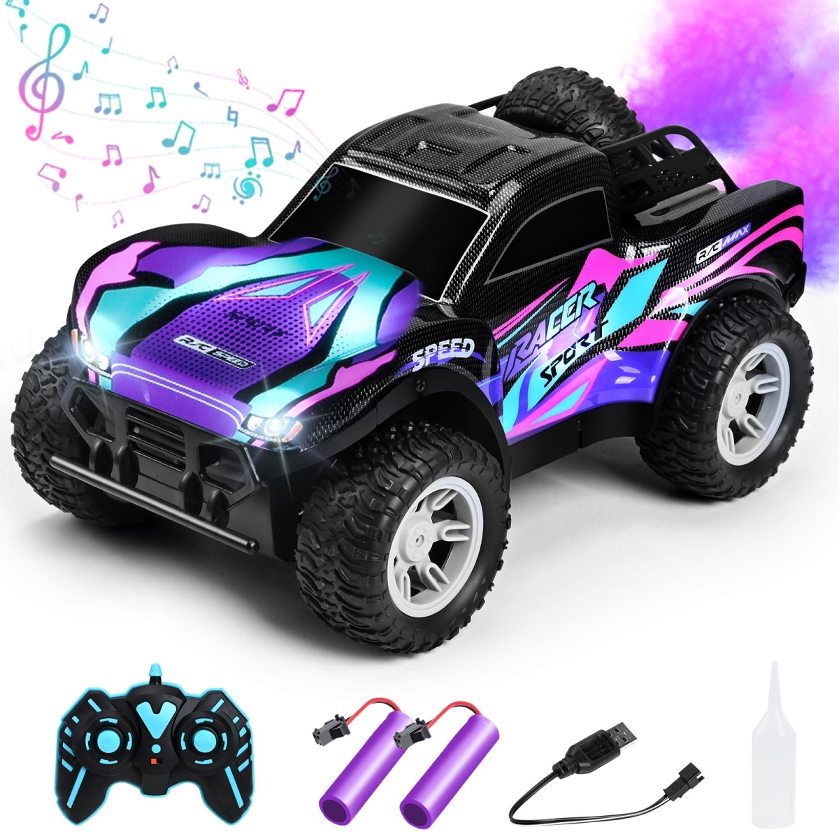 NT84734 1-16 Scale Remote Control Car, All Terrain Rechargeable Remote Control Truck with Bodylight, Music & Spray, 20 KMH - Purple