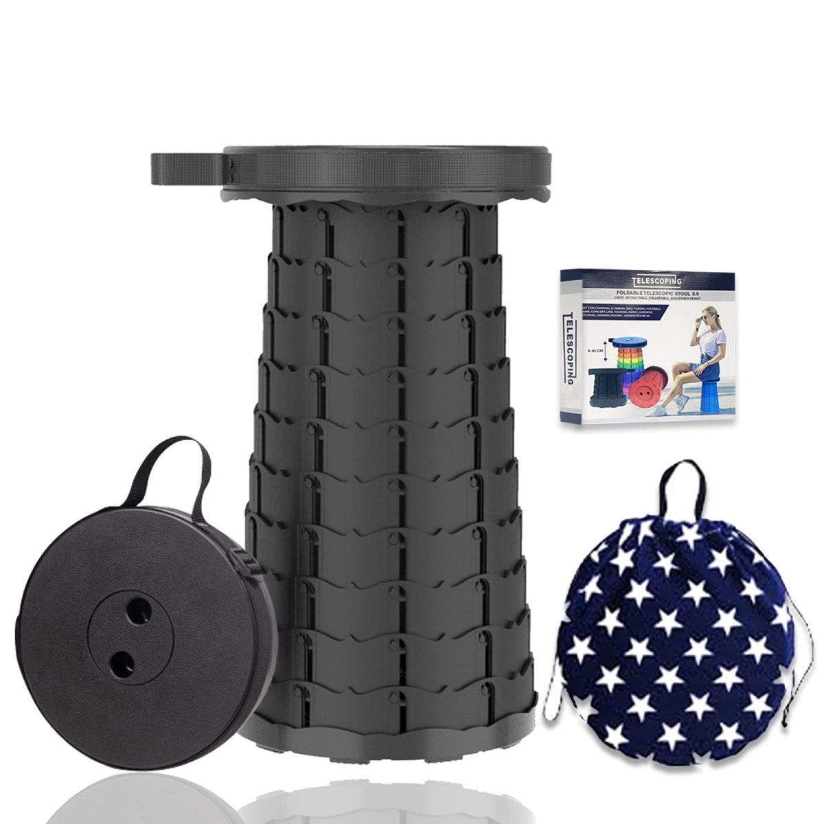 NT84763 Jakuva Upgraded Collapsible Folding Stool with Carry Bag, Telescoping, Max Load 360 lbs, Black
