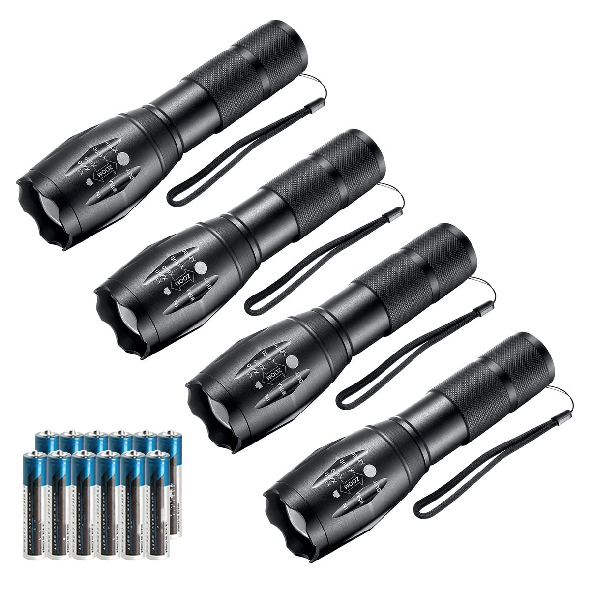NT84770 LED Flashlights Tactical High Lumens Lights with 12 AAA Batteries, Waterproof, Zoomable, 5 Modes - Black - Pack of 4