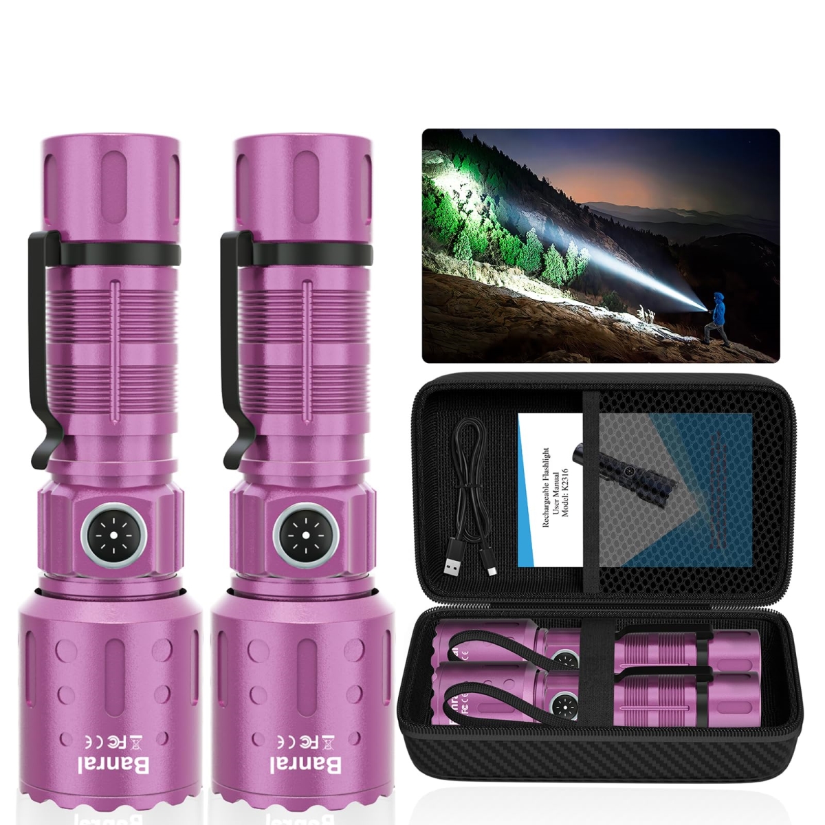 NT84783 Flashlights High Lumens Rechargeable LED Tactical Pocket Flashlight, 6 Modes, Waterproof, Purple - Pack of 2