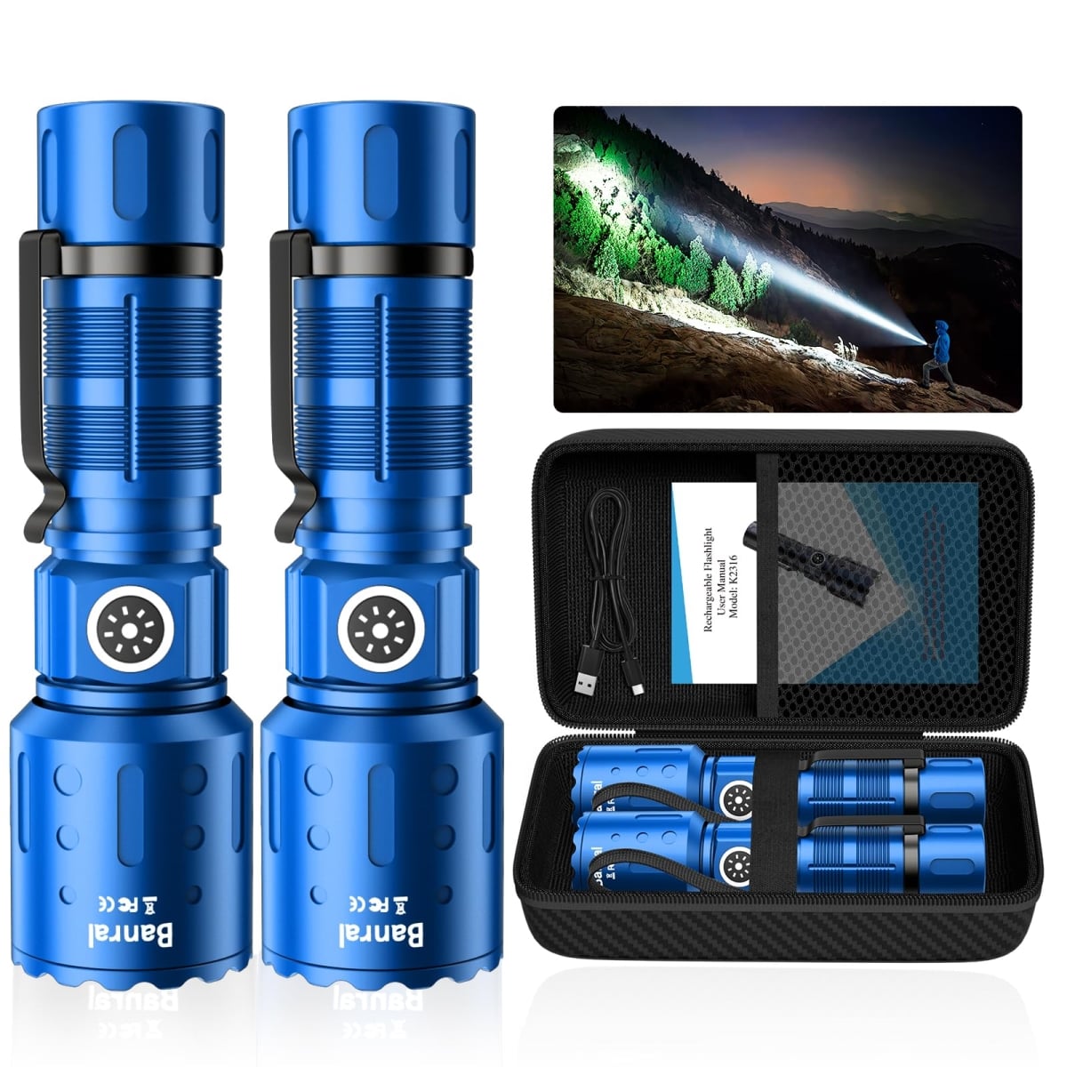 NT84789 Flashlights High Lumens Rechargeable LED Tactical Pocket Flashlight, 6 Modes, Waterproof, Blue - Pack of 2