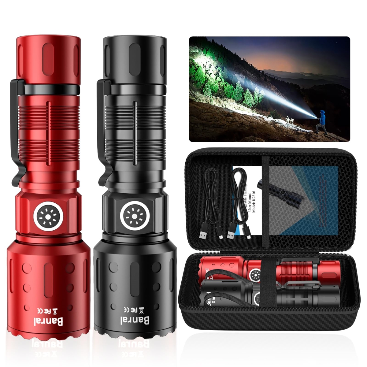 NT84799 Rechargeable High Lumens LED Flashlights, Small & Powerful with Memory Function, 6 Modes, Waterproof - Black & Red