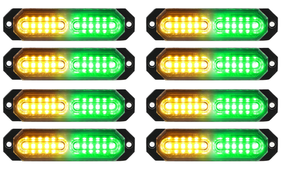 NT84817 ASPL Ultra Slim 12-LED Surface Mount Strobe Lights for Vehicle Emergency Warning, Amber & Green - 8 Piece