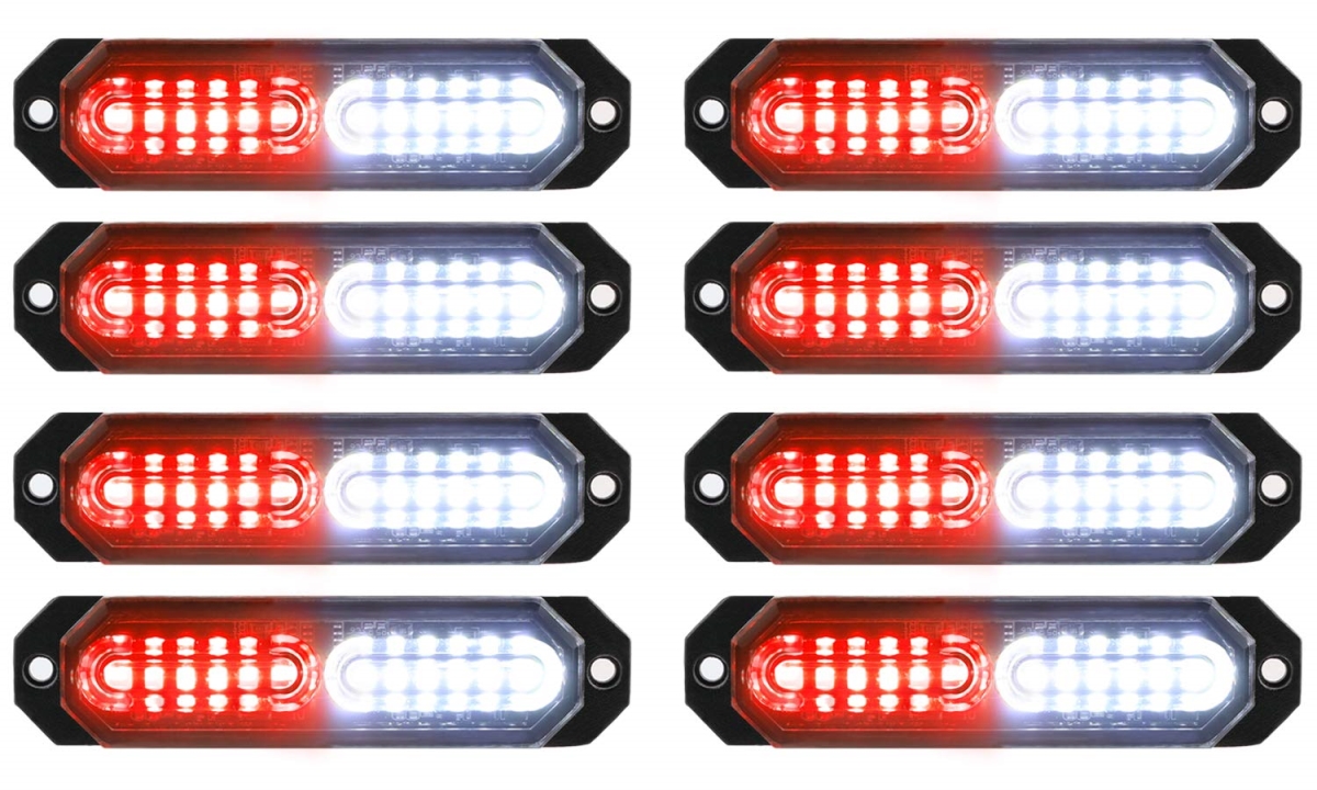 NT84826 ASPL Ultra Slim 12-LED Surface Mount Strobe Lights for Vehicle Emergency Warning, Red & White - 8 Piece