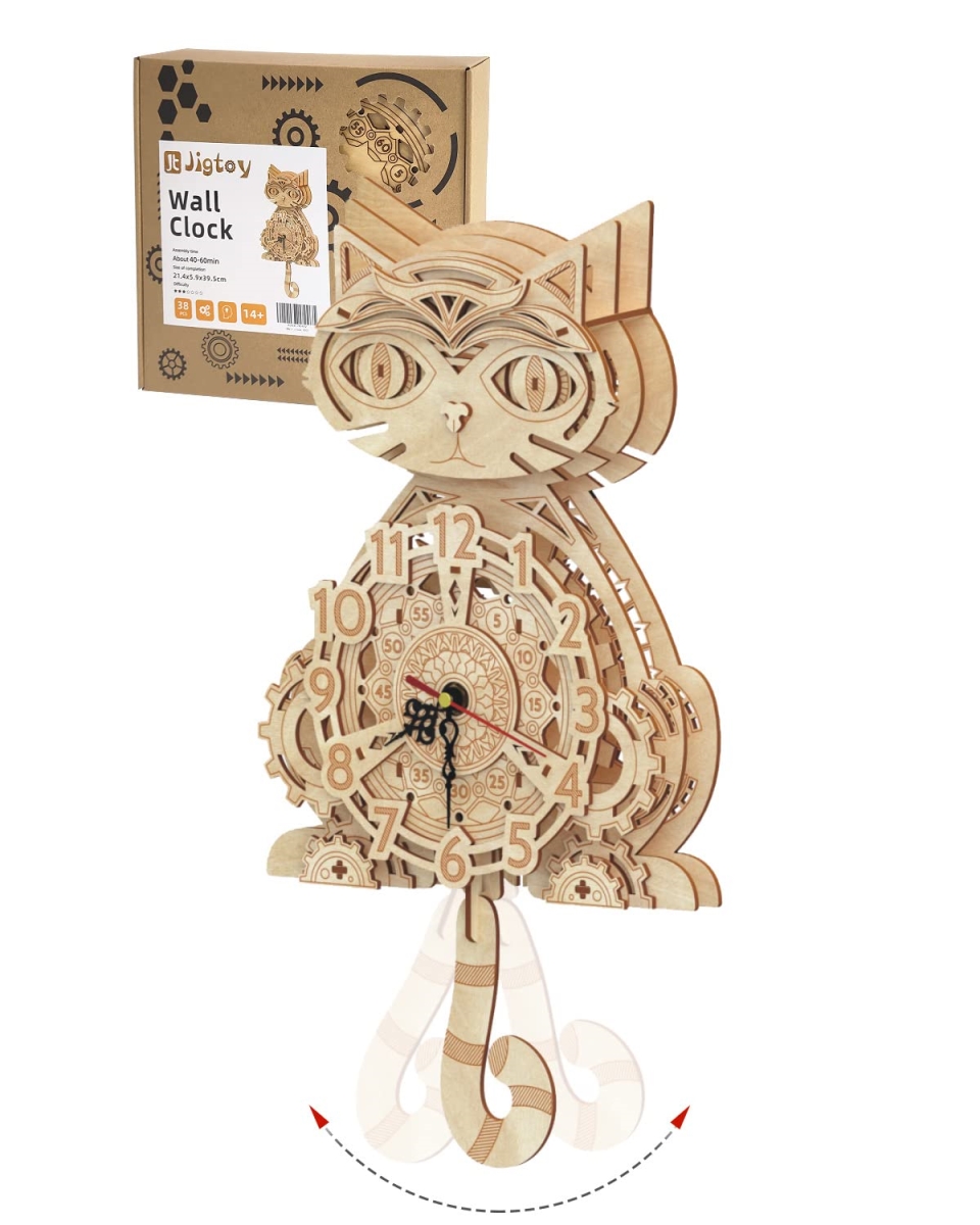 NT84863 Wooden 3D Puzzle Cat Clock Model Kit for Adults & Kids