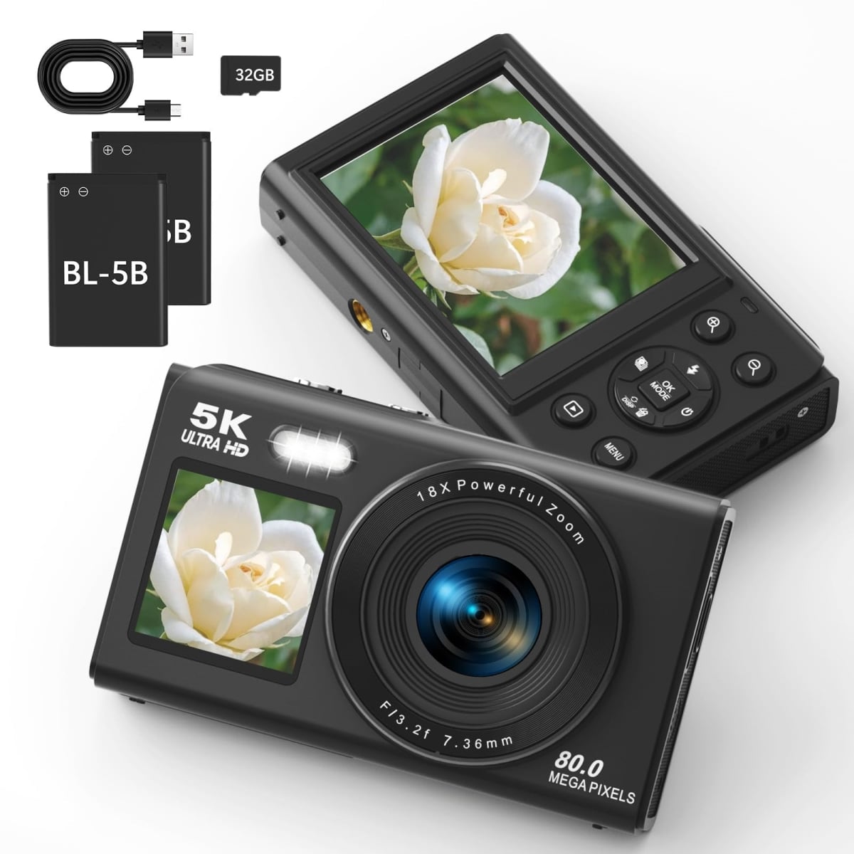 NT84881 Digital Camera, 5K 80MP Dual Screens with 18X Digital Zoom, Compact Vlogging Camera for Teens - Black
