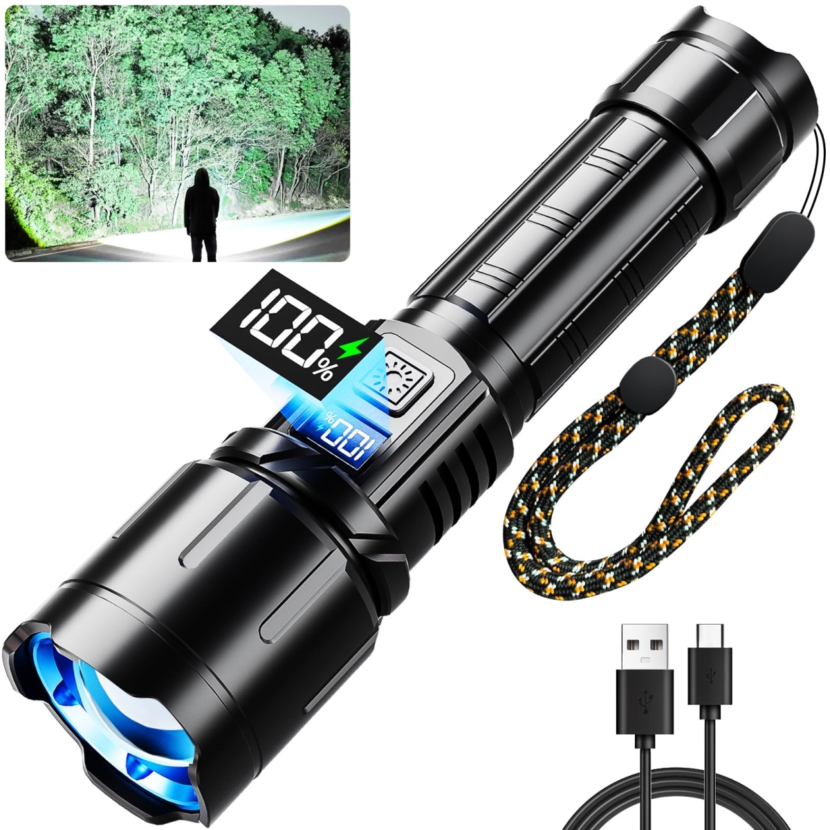 NT84955 Rechargeable Flashlights, 2000LM LED, Tactical with LCD Power Display, 6 Modes, Waterproof