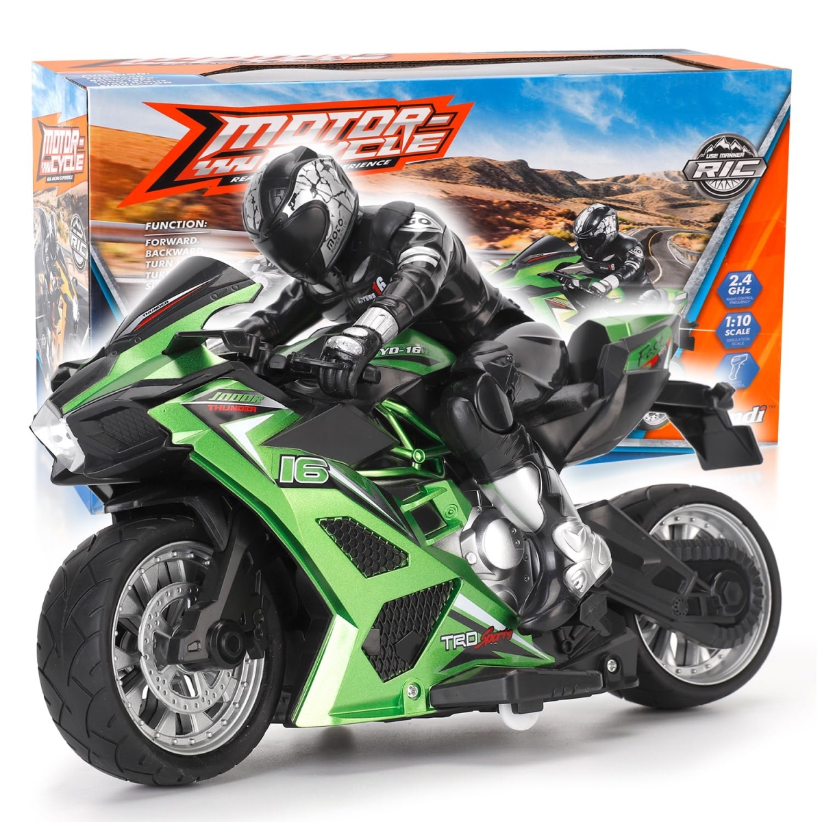 NT85297 Liberty Imports 2.4G Remote Control Stunt Motorcycle with Riding Figure, 1-10 Scale High Speed Cross Country Racing Motorbike - Green