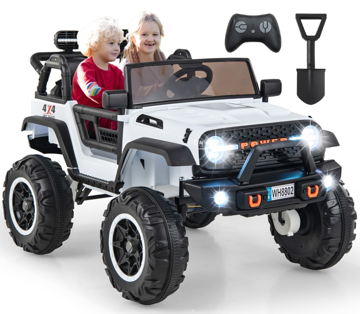 NT85353 OLAKIDS 24V Ride On Car, 2 Seater Kids Electric Jeep Truck with Remote Control, LED Light, Music - Ivory