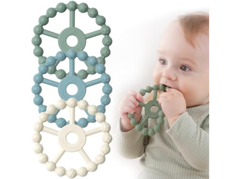 NT85376 Silicone Teething Ring Toys for 0-24 Months Babies, Green & Blue - White - Pack of 3