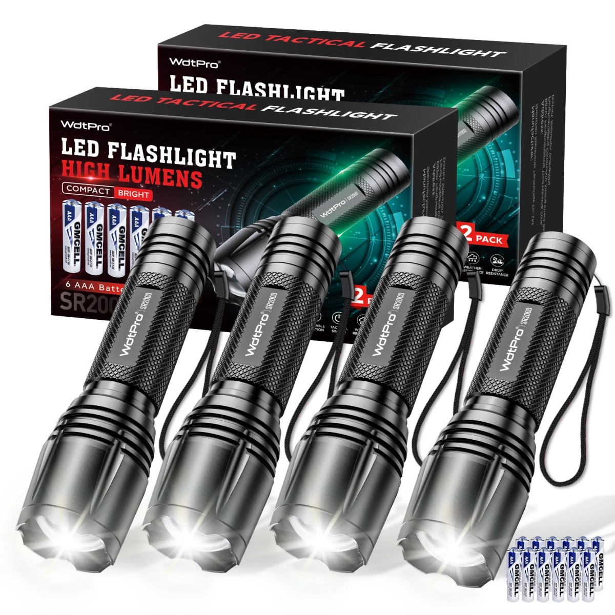 NT85694 WdtPro LED Flashlight High Lumens SR2000 Pro Brighter Tactical Flashlights, Black - Pack of 4