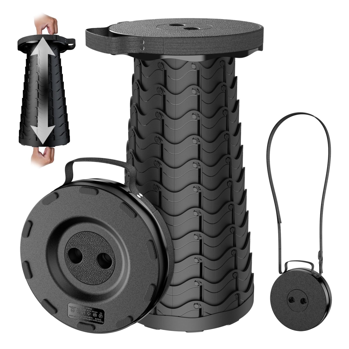 NT85759 2025 Upgraded Collapsible Telescoping Camping Stool with Anti-Slip Bottom - Black