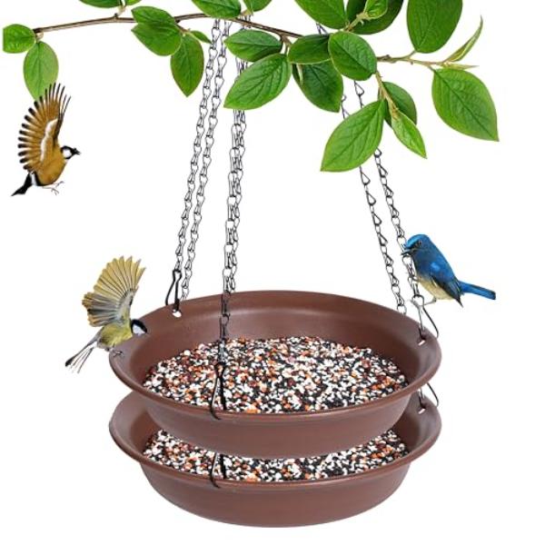 NT85872 8 in. Hanging Bird Feeder with Hole, Platform Flat Bird Seed Tray for Outdoors, Dark Brown