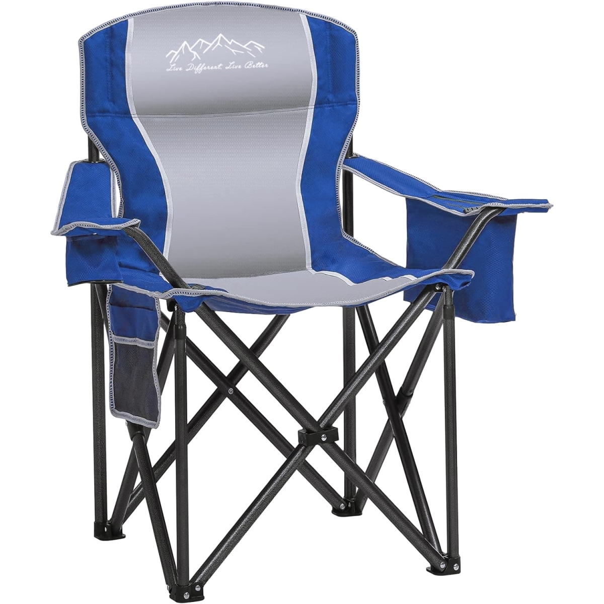 NT85969 Folding Camping Chair, Heavy Duty Portable Lawn Chair with Cooler Bag, Side Pocket & Cup Holder, Supports 450 lbs, Blue