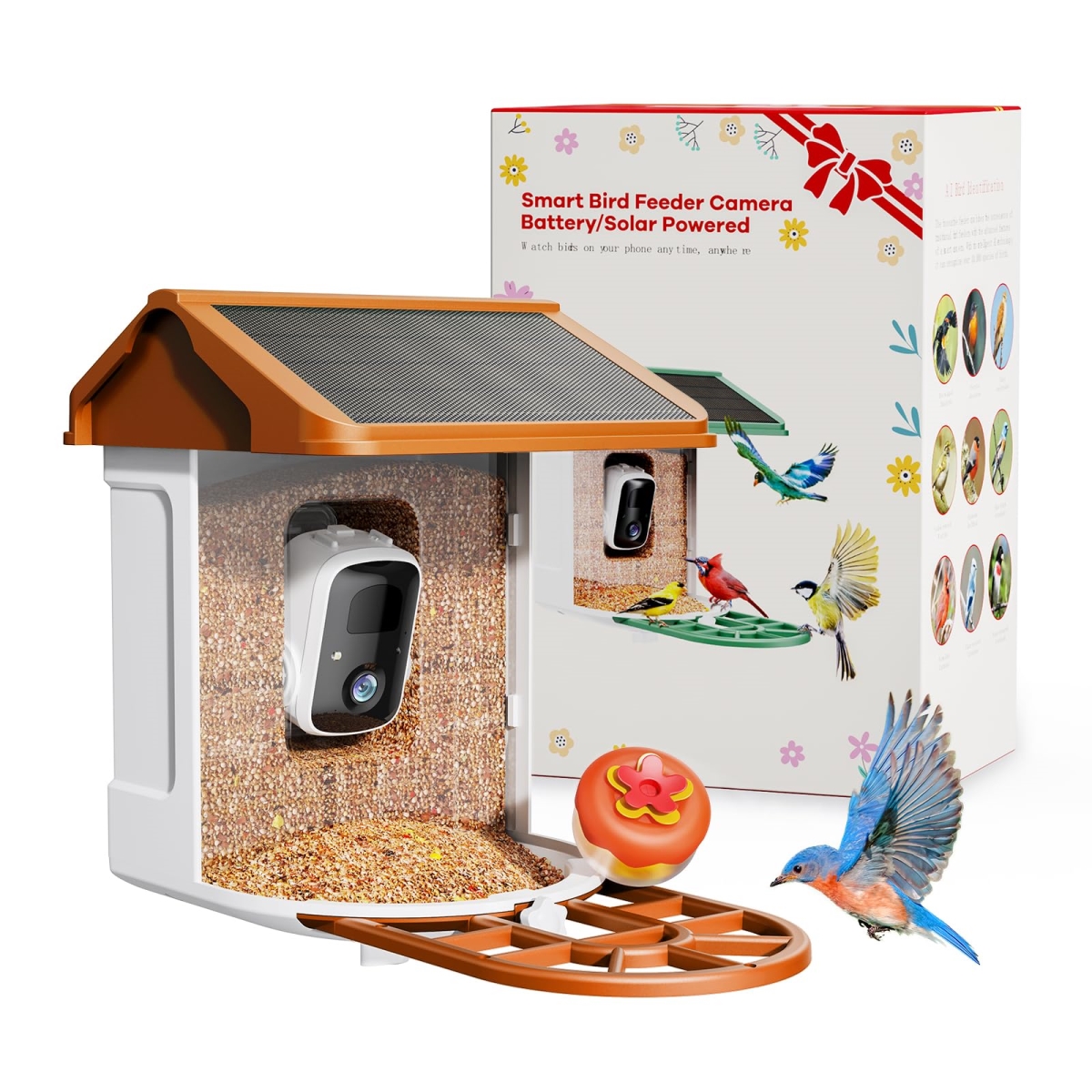 NT86116 Smart AI Bird Feeder with Camera, Solar-Powered, 2K Live Video, Bird Species ID, Arrival Alerts, Motion Capture - Orange
